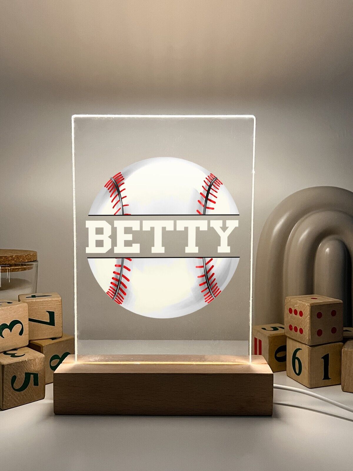 Personalized LED Light Up Wood Lamp Stand Sports Volley Baseball Hockey Football