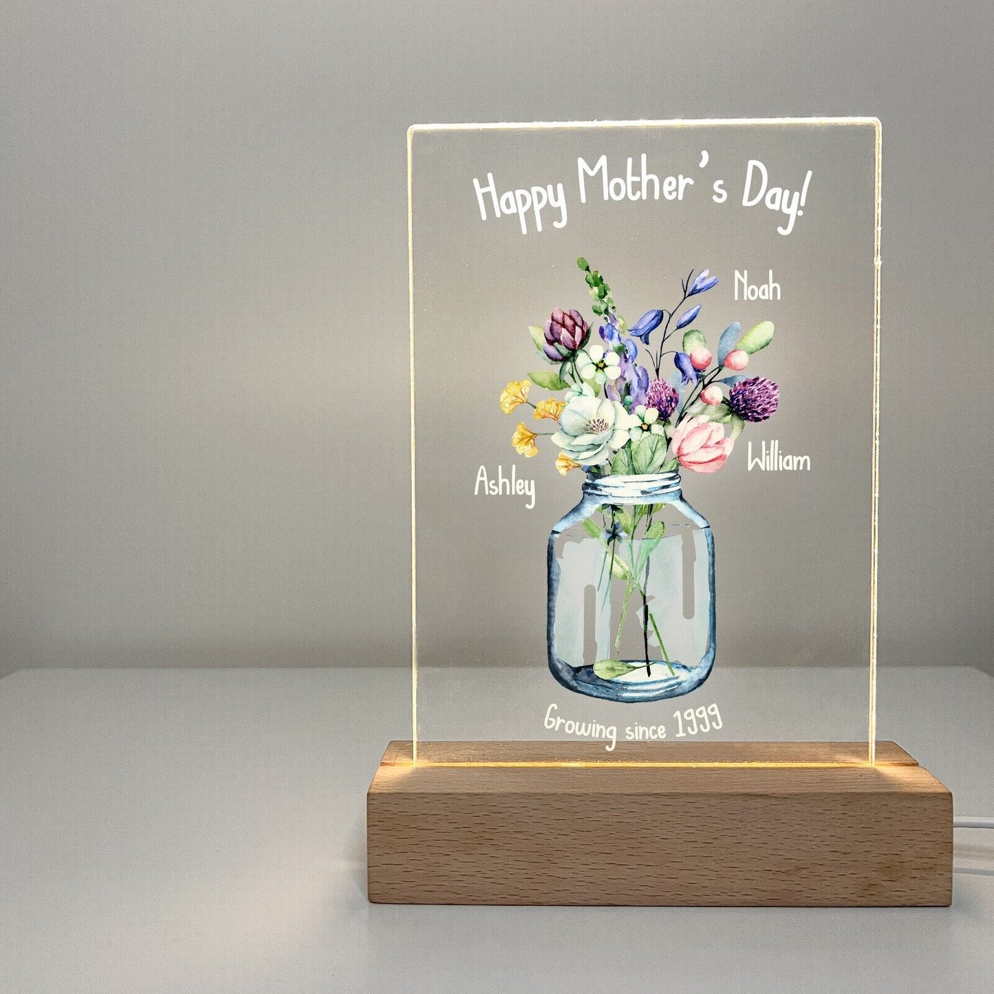 Personalized LED Light Up Flower Jar Stand Mom Mother Day Children Home Gift