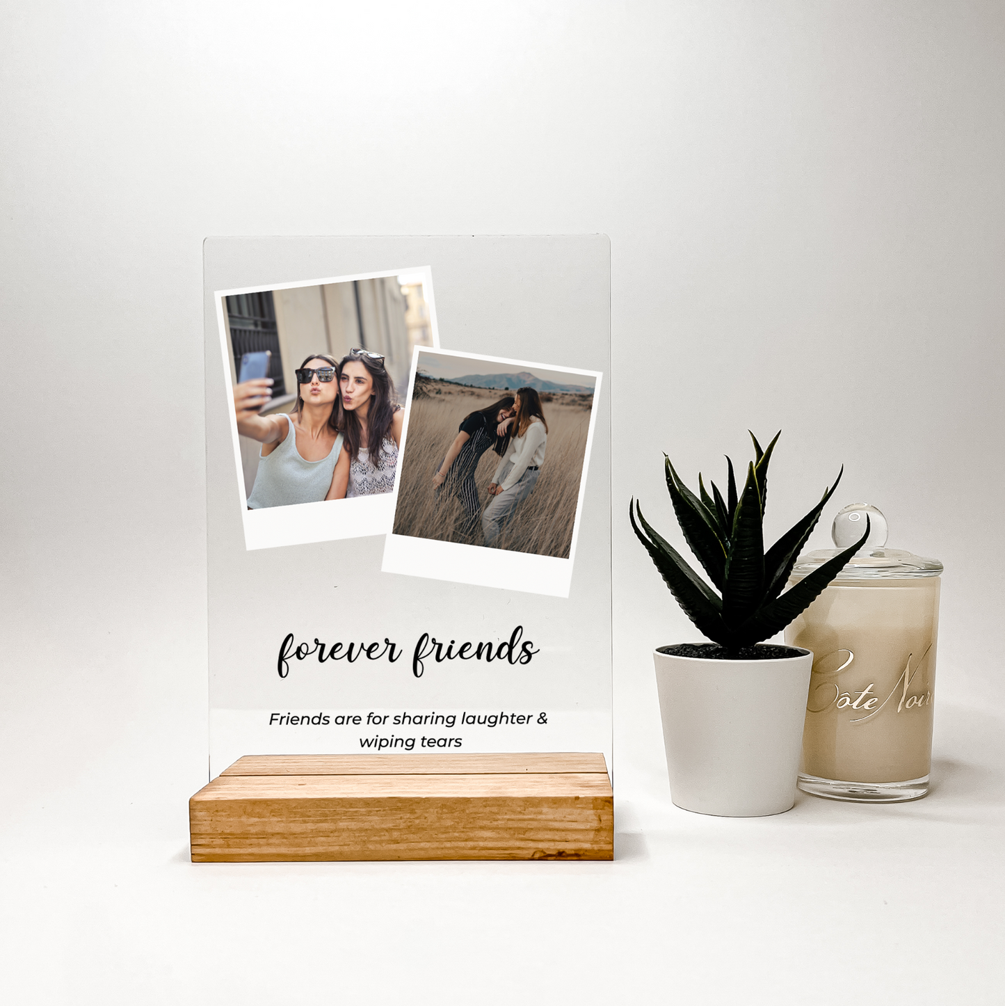 Personalized 2 Images Custom Collage Acrylic Photo Frame, Wood Base, Friend Gift