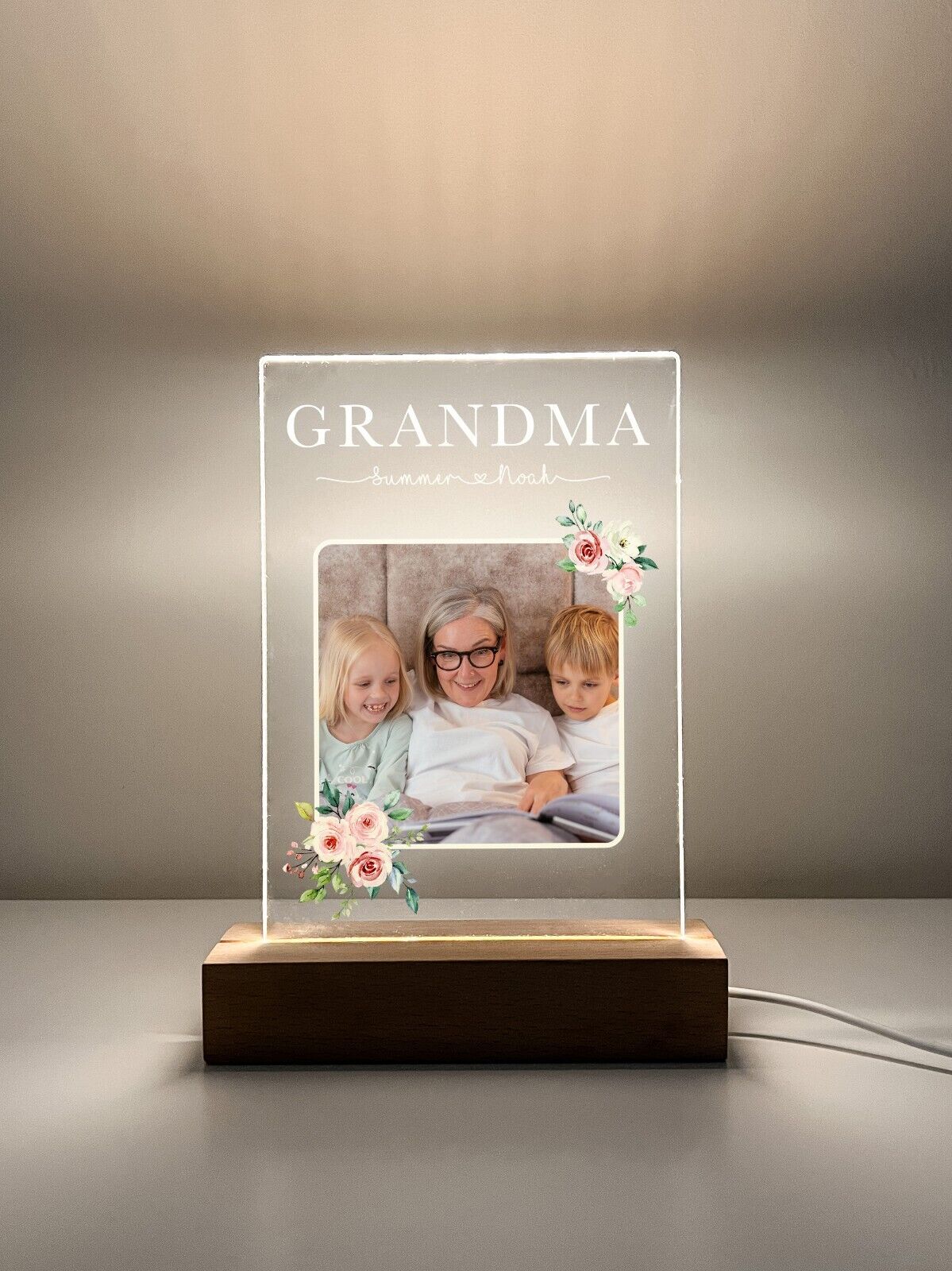 Personalized LED Light Up Wood Stand Flowers Grandma Nana Mothers Day Home Gift