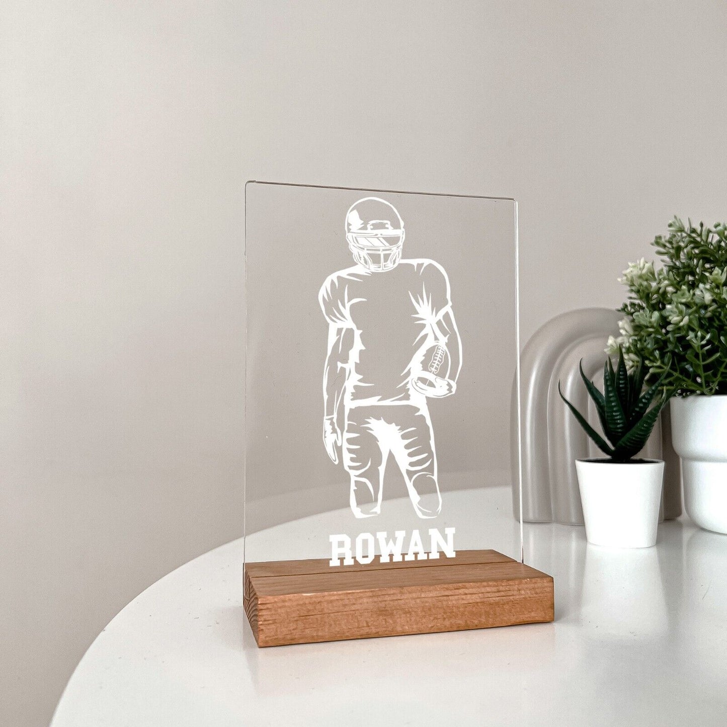 Personalized Engraved Custom Desk Wooden Stand Football Athlete Warner Gift
