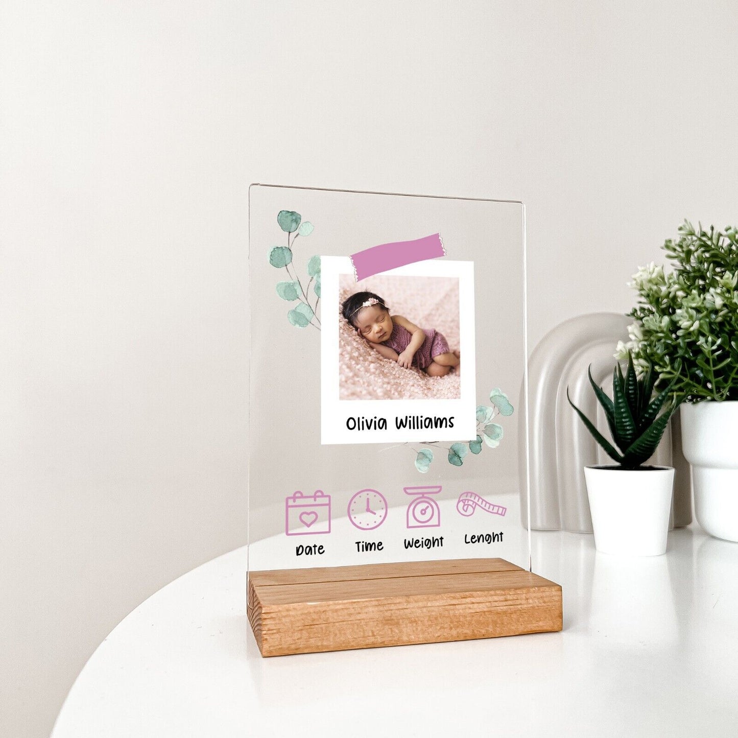 Personalized Wood Base Desk Table Stand New Born Baby Stats Nursery Decor Gift