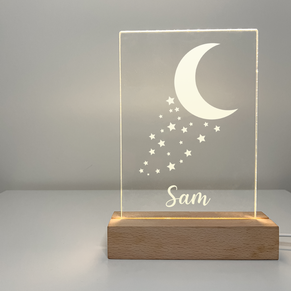 Personalized Moon and Stars LED light up WOOD stand With Remote Room Décor Gift