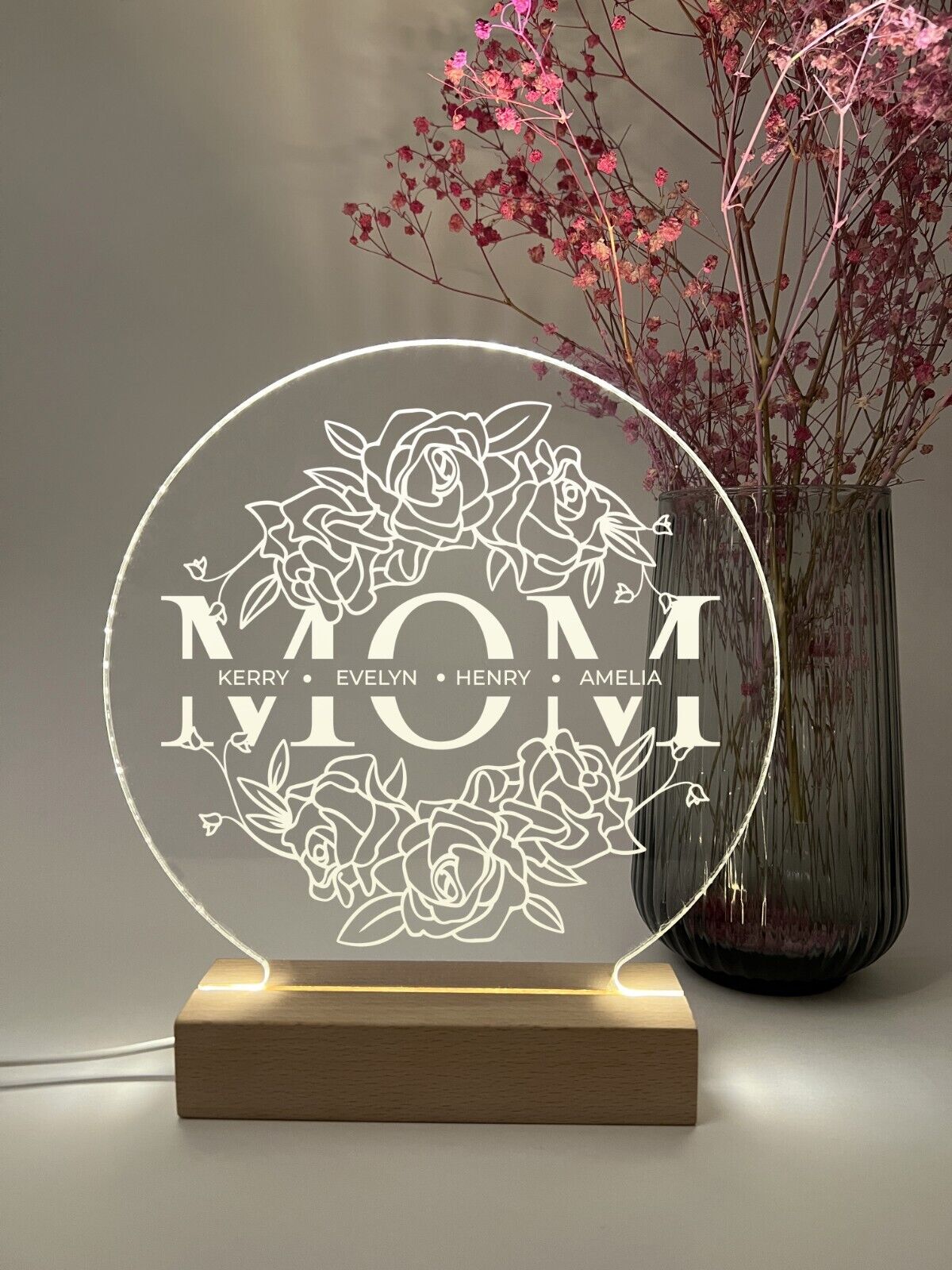 Personalized LED Wood Base Night Light Up Lamp Stand Mom Mother Stepmom Birthday