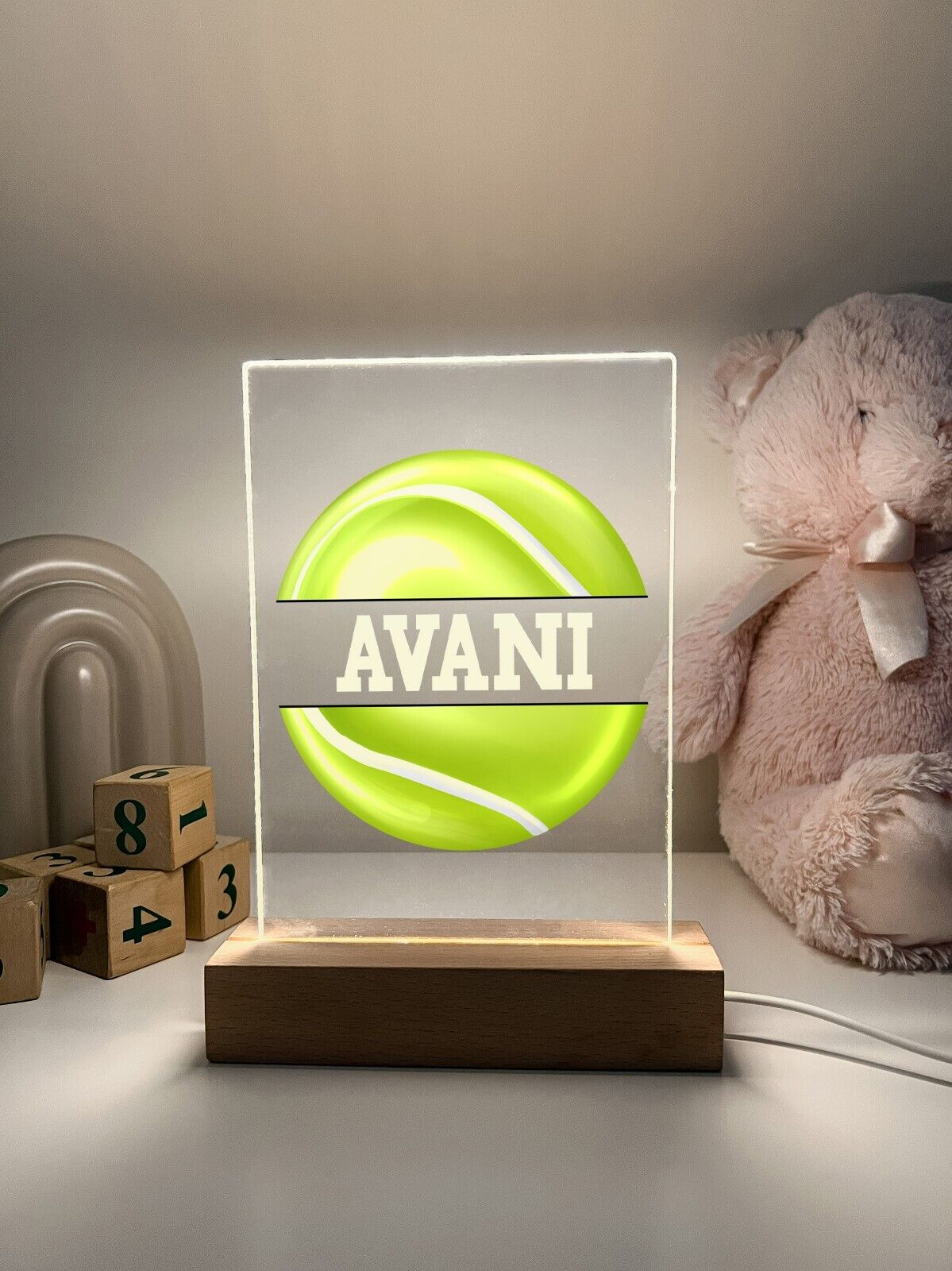 Personalized Name LED Light Up Wood Lamp Stand Sports Tennis Ball Team Player