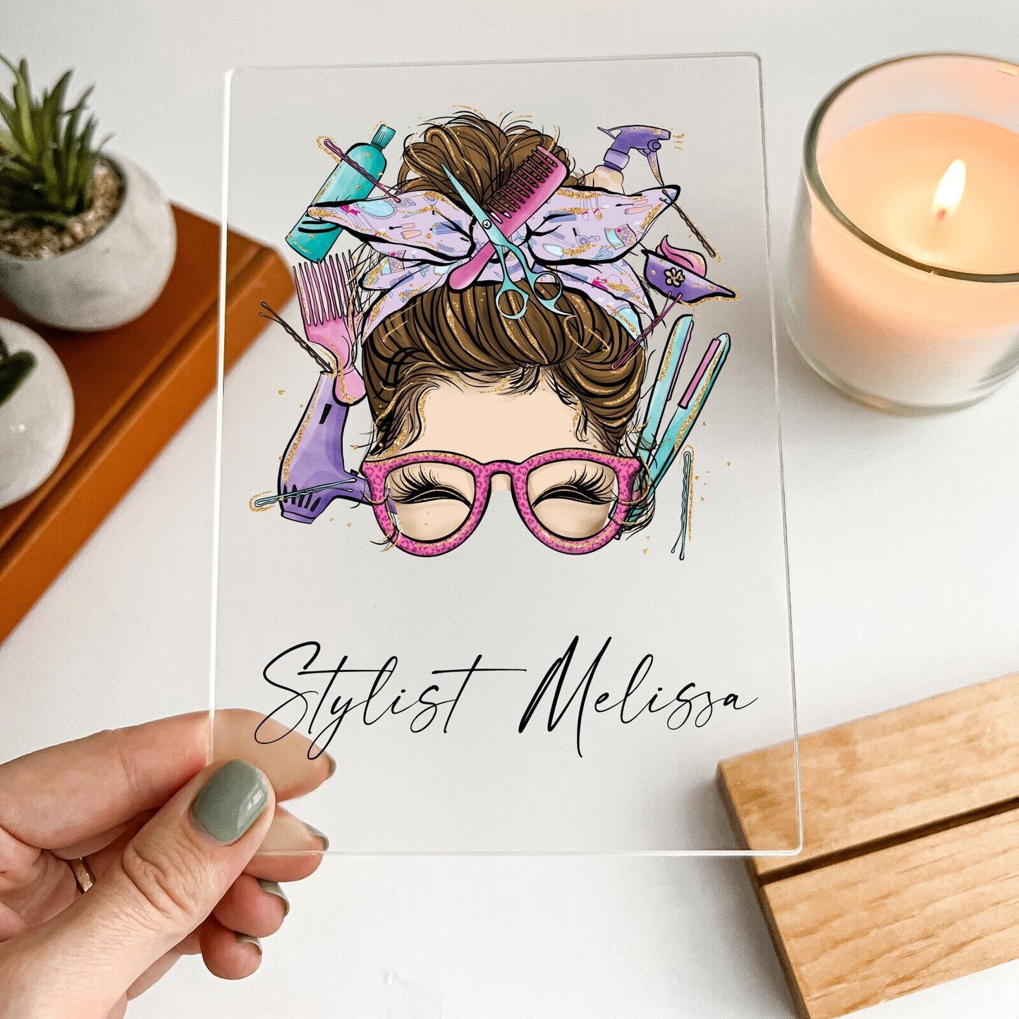 Personalized Wood Base Stand Hair Stylist Hair Salon Name Plate Gift