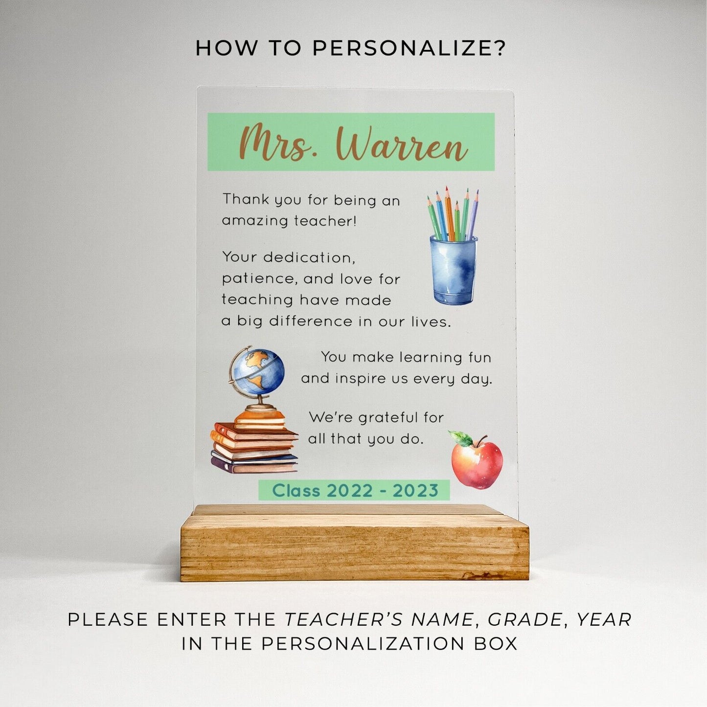 Personalized Wood Base Desk Table Stand Educator Teacher Appreciation Gift