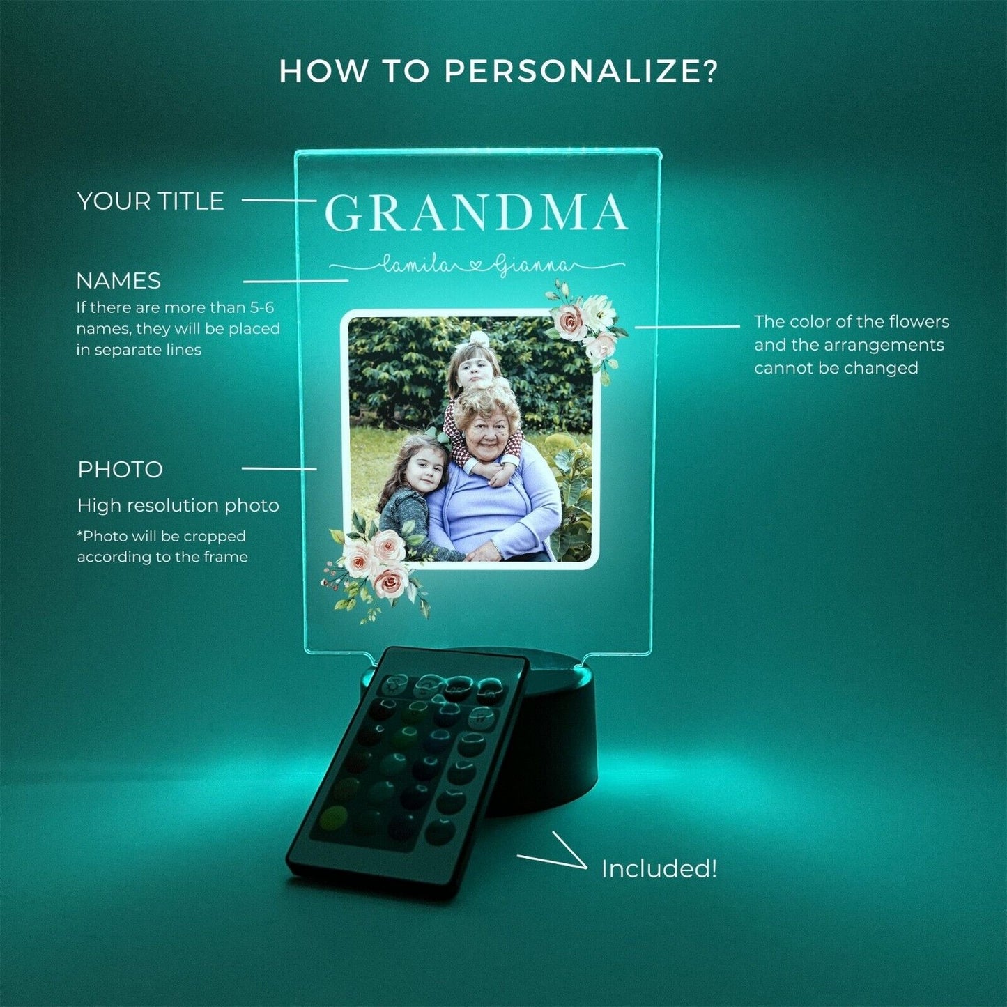 Personalized LED 16 Colors Light Up Flowers Grandma Mother's Day Home Desk Stand