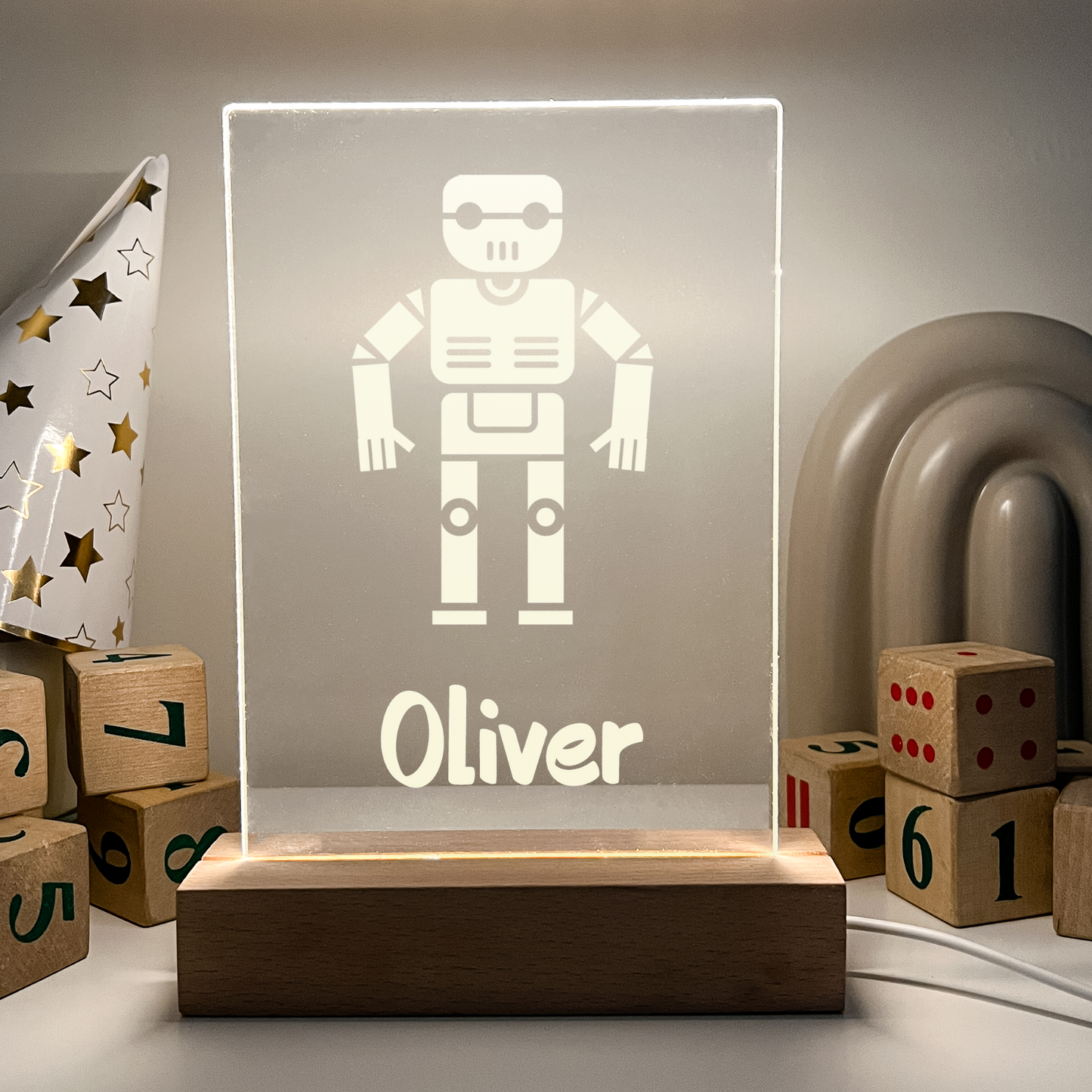 Personalized LED 16 Color Light Up Wood Lamp Stand Boys Rocket NASA Space