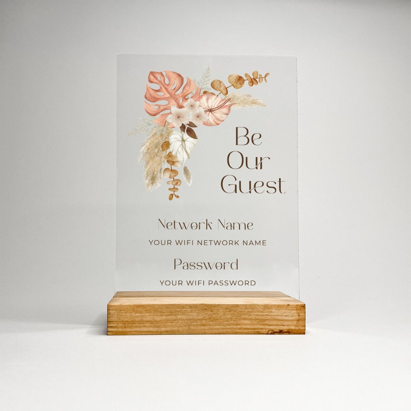 Personalized Wood Base Desk Table Stand Wifi Password & Network Acrylic Sign