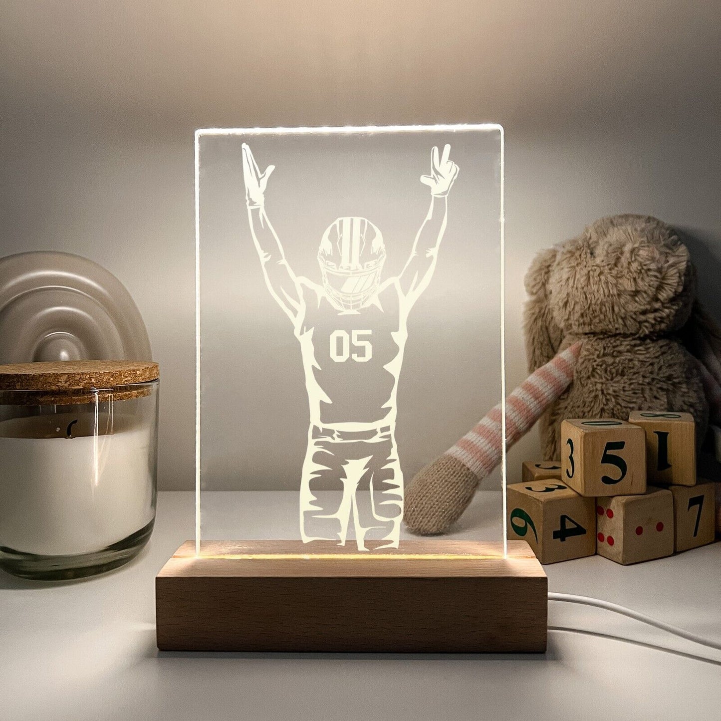 Personalized LED Light Up Desk Lamp Wood Stand USA Football Athlete Warner Gift