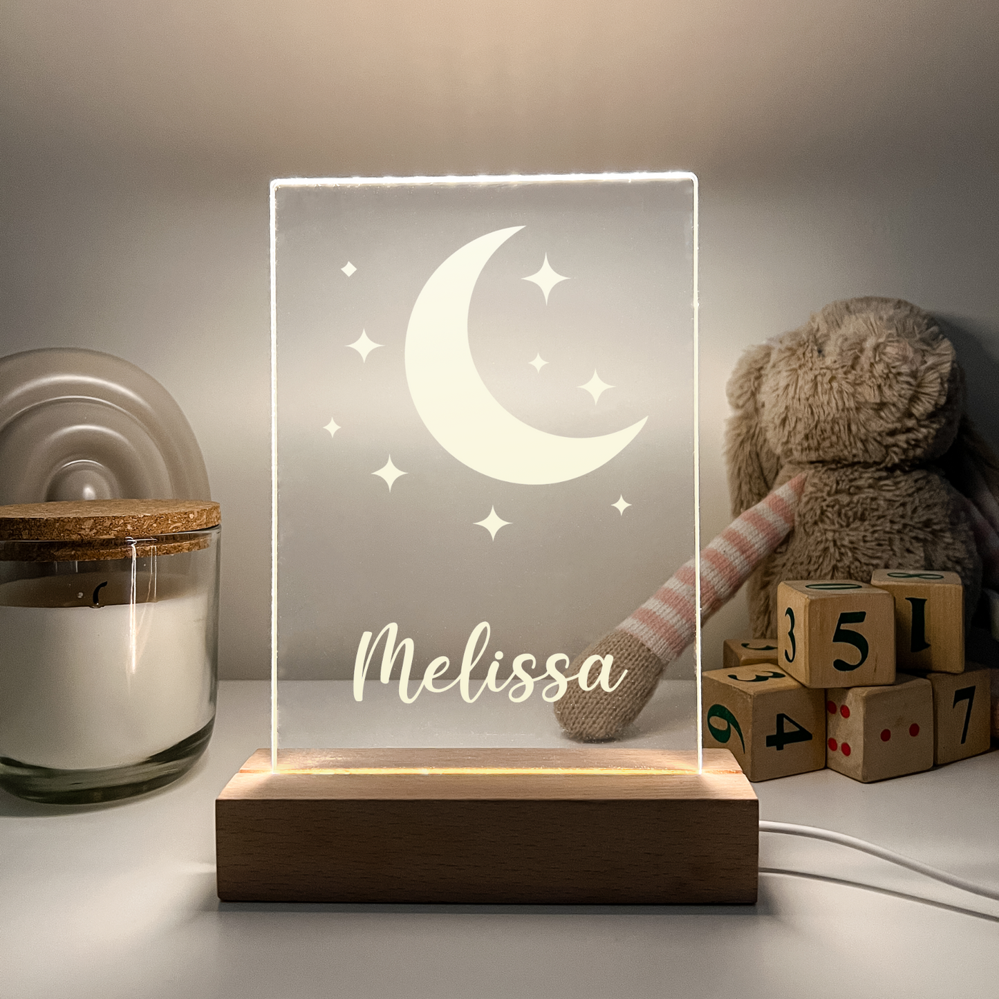 Personalized Moon and Stars LED light up WOOD stand With Remote Room Décor Gift