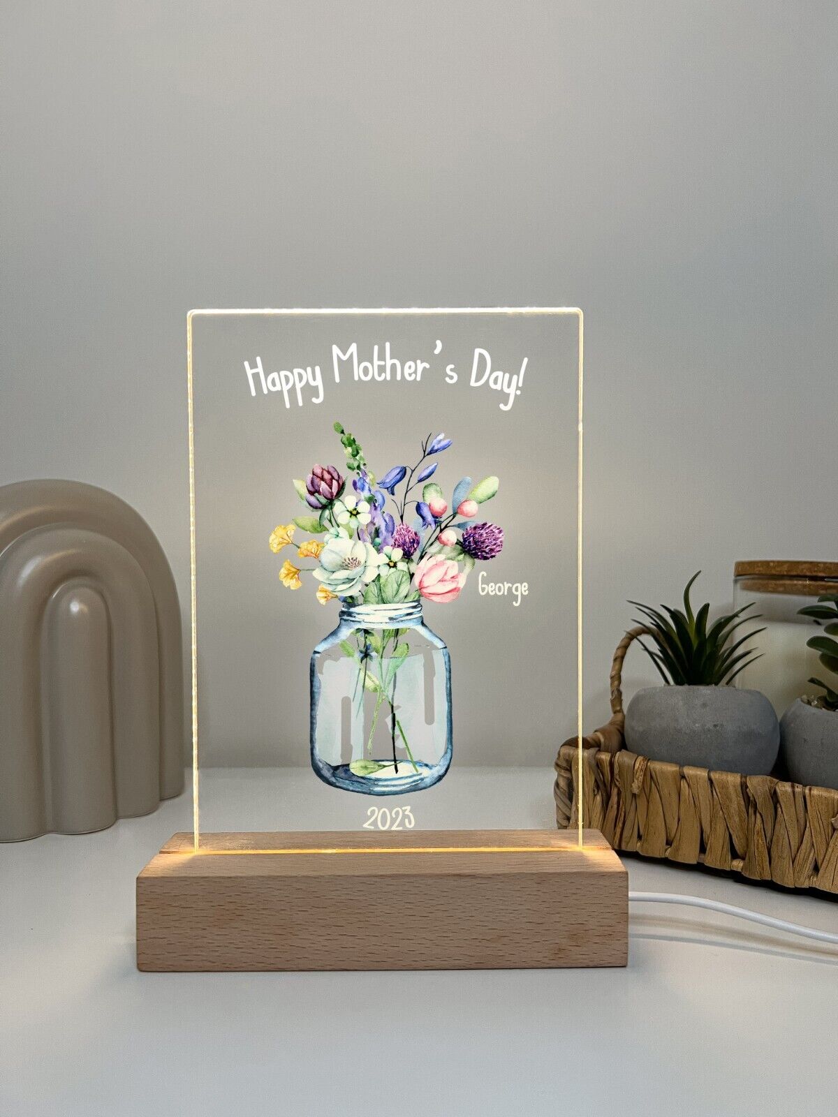 Personalized LED Light Up Flower Jar Stand Mom Mother Day Children Home Gift