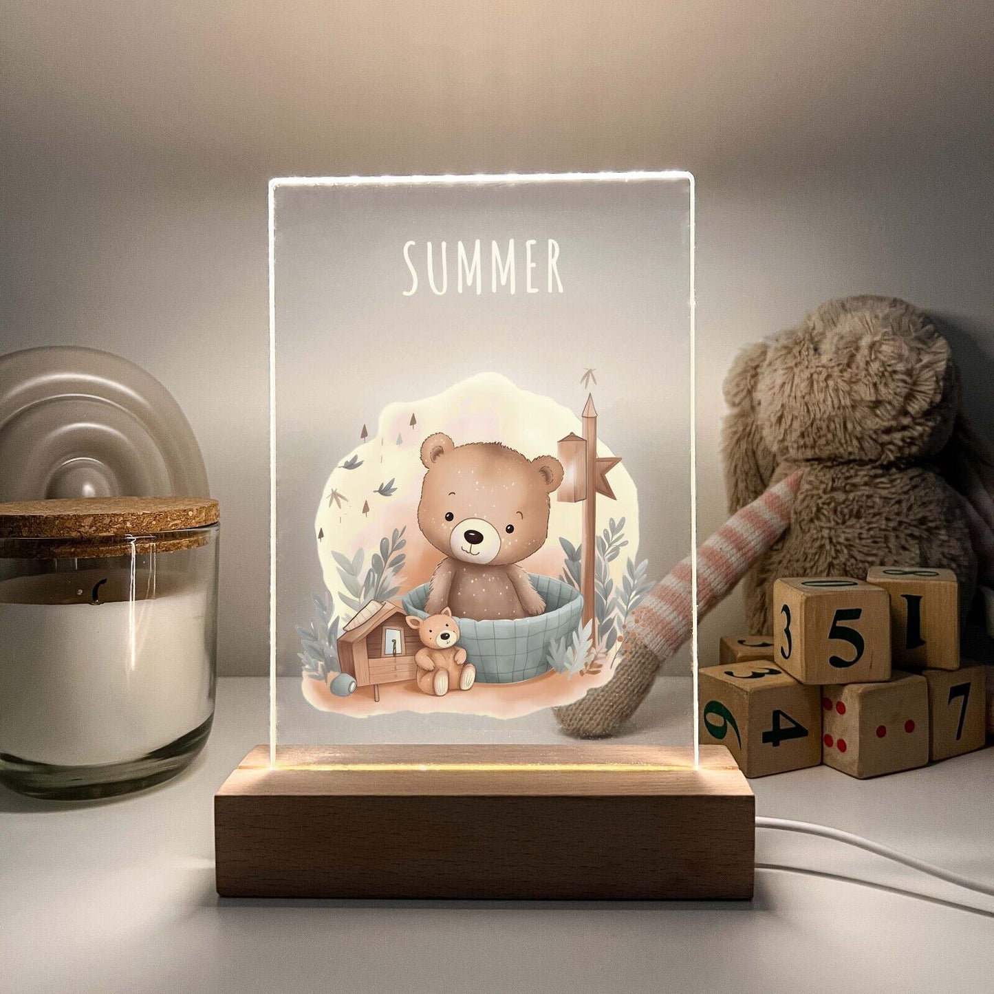 Personalized LED Light Up Wood Stand Baby Newborn Animal Nursery Gift