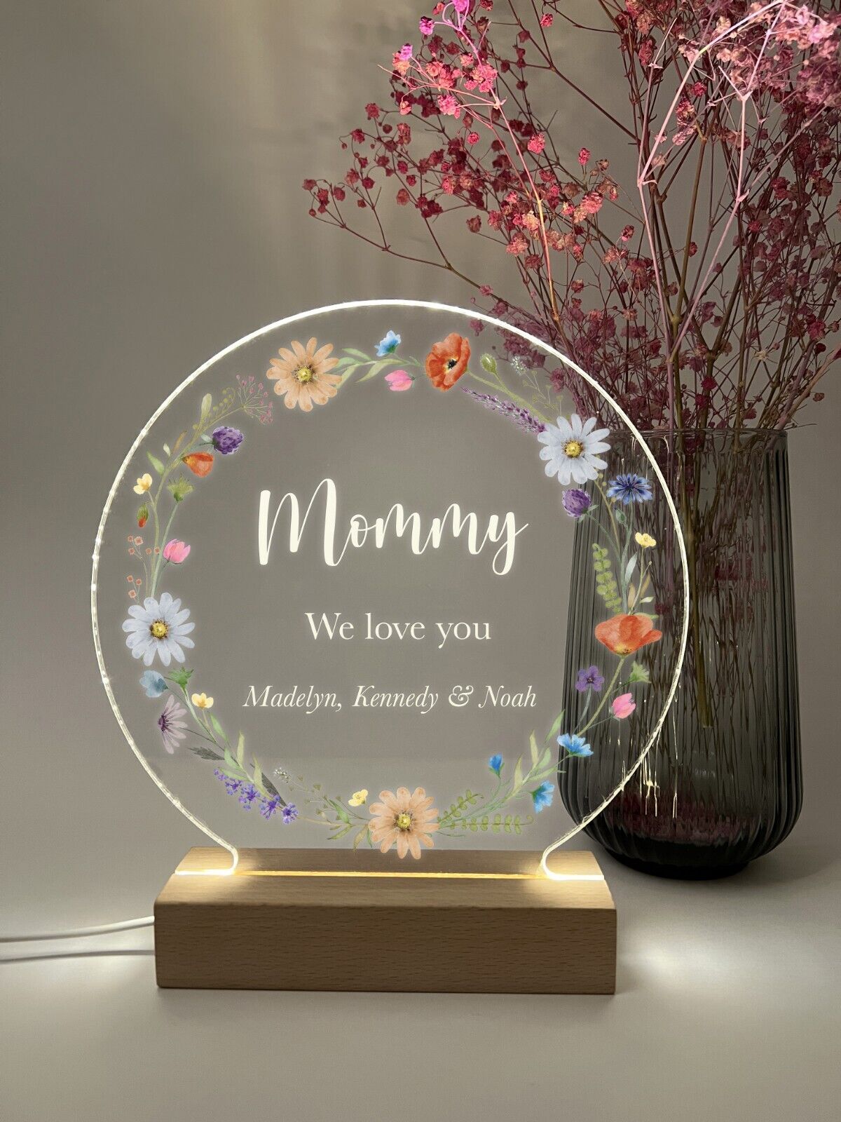 Personalized LED Light Up Wood Stand Mom Auntie Grandma EST MothersDay Home Gift