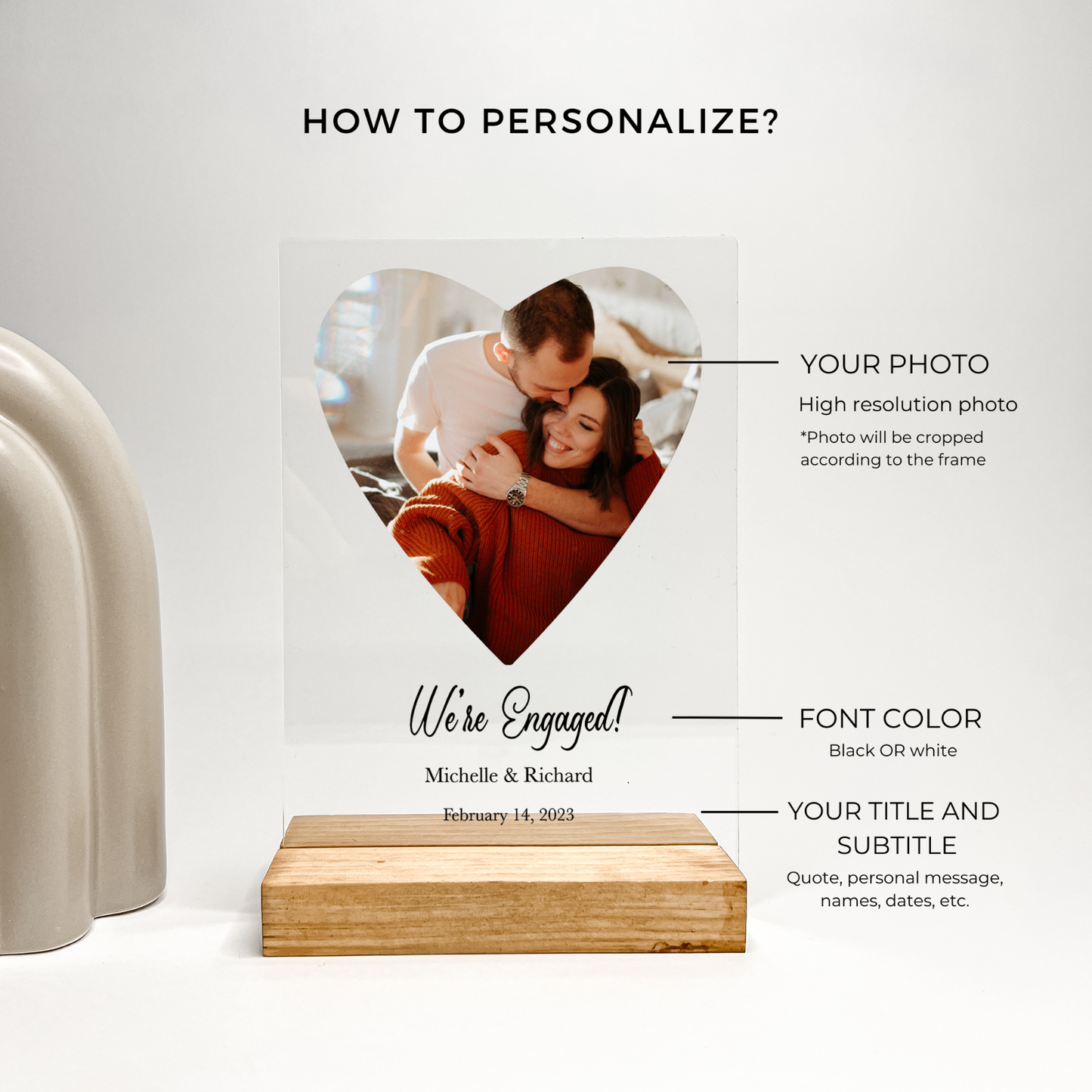 Personalized Heart Shape Photo Frame With Wood Base, Shower, Wedding, Her Gifts