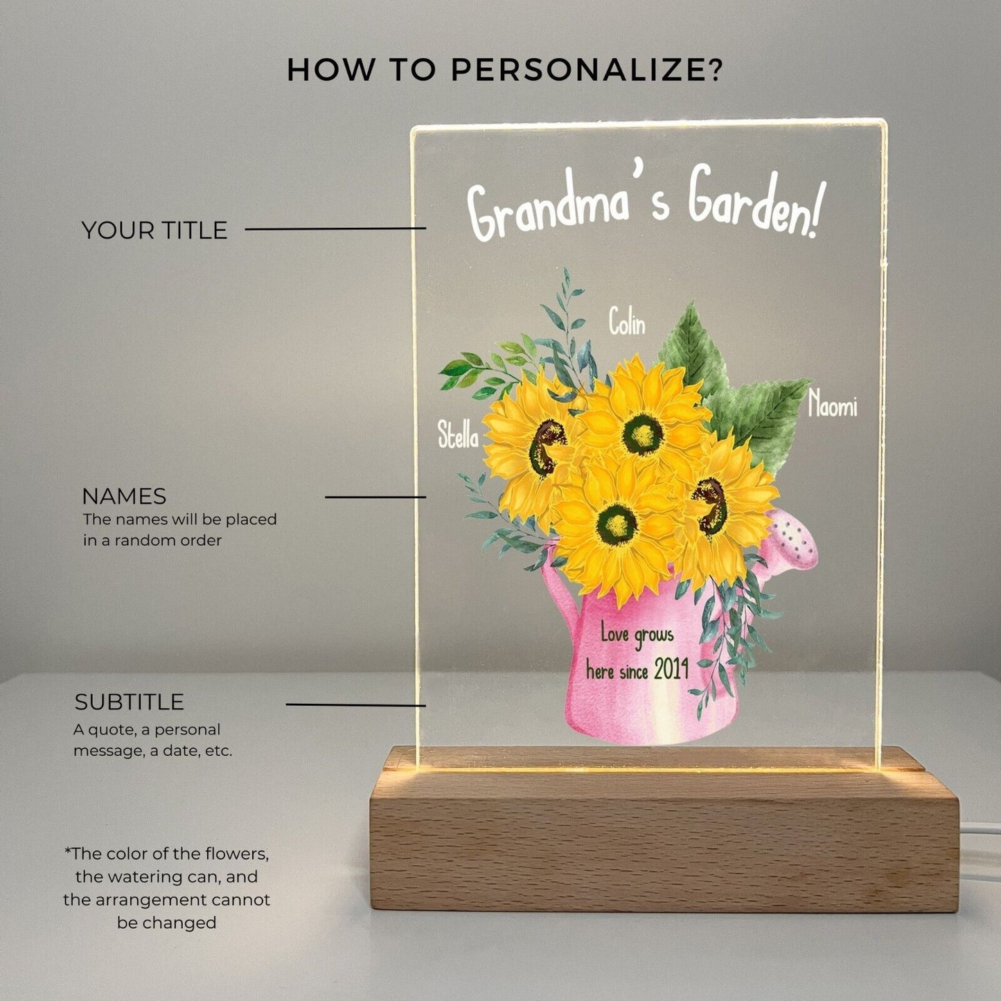 Personalized LED Light Up Flower Jar Stand Grandma Garden Home Gift