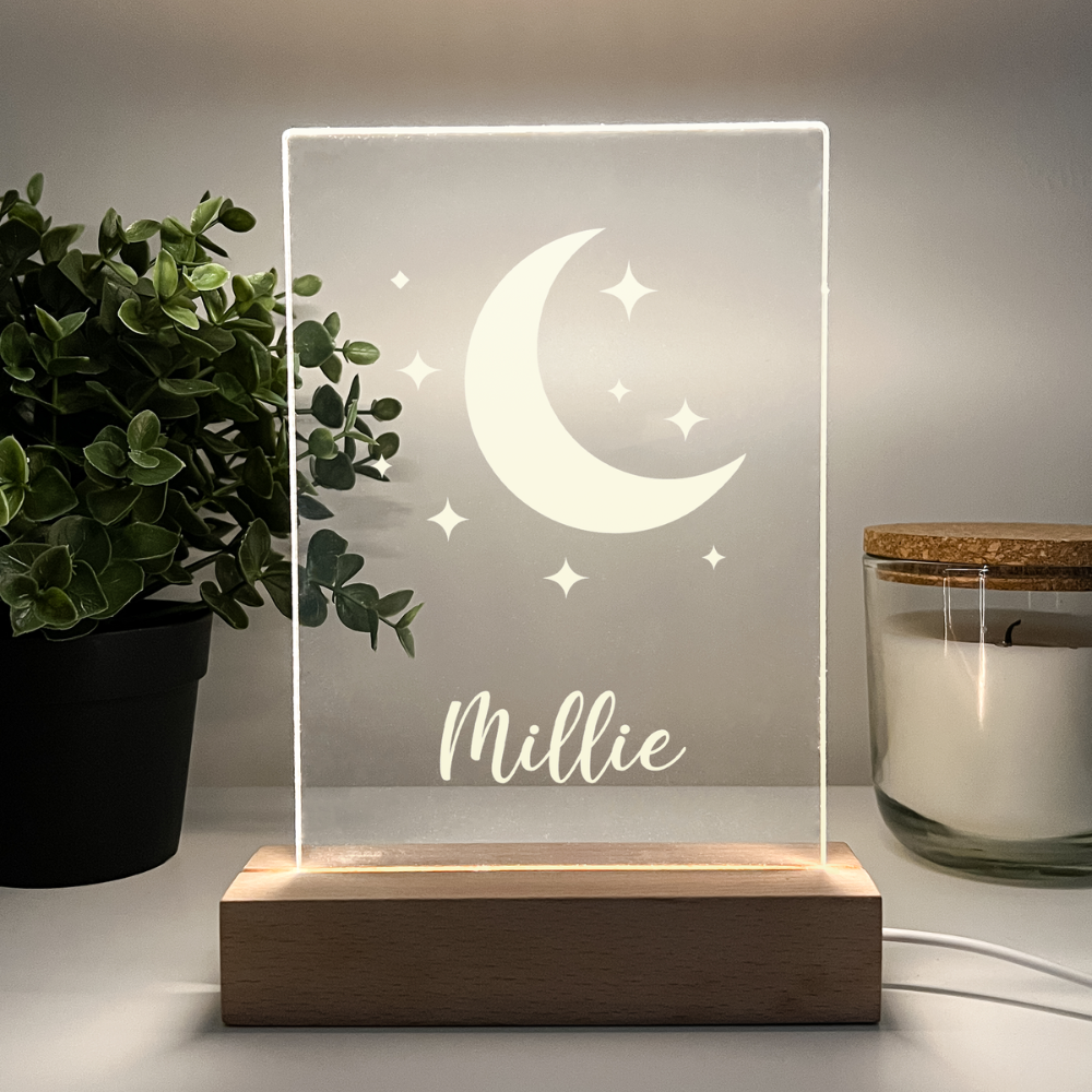 Personalized Moon and Stars LED light up WOOD stand With Remote Room Décor Gift