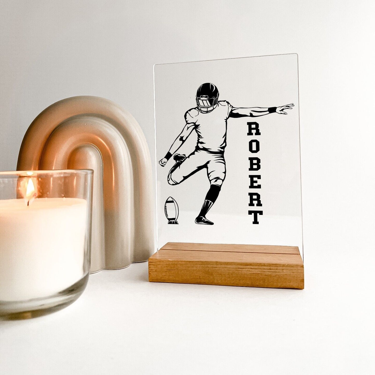 Personalized Engraved Custom Desk Wooden Stand Football Athlete Warner Gift
