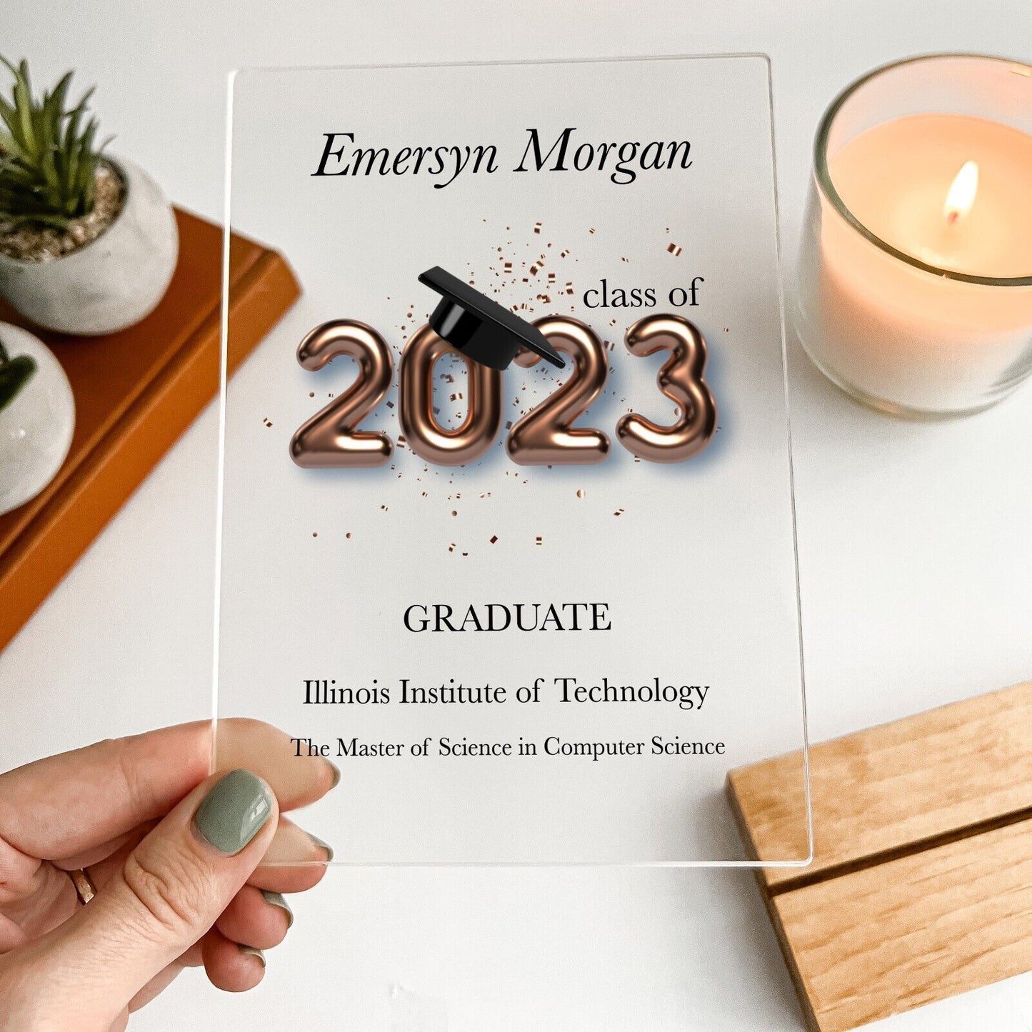 Personalized Wood Base Desk Table Stand Graduation University 2023 2024 Gift