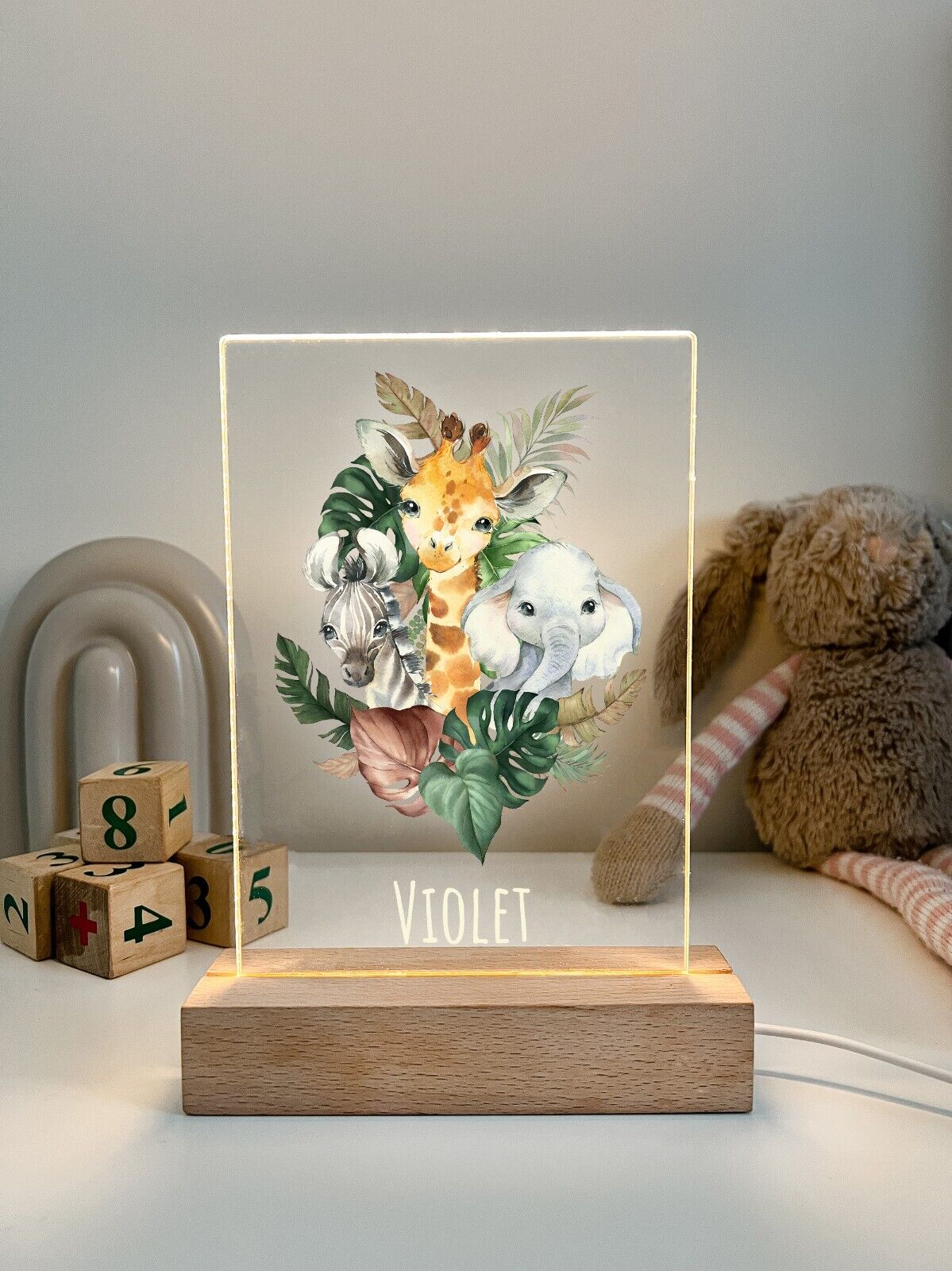 Personalized LED Light Up Wood Stand Safari Animals Cute Night Light Child Gift