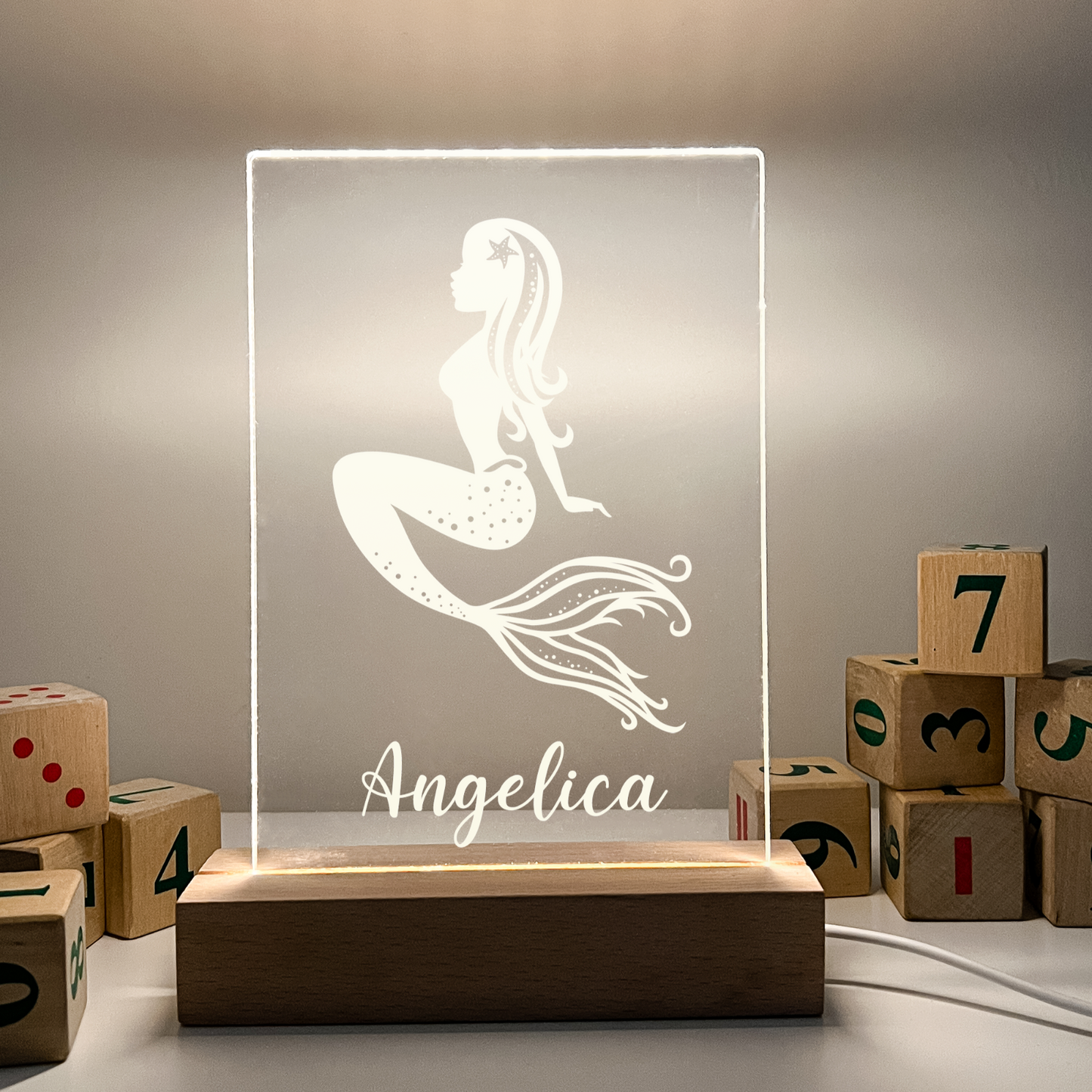 Personalized LED Light Up Desk Lamp Wood Base Stand Girls rainbow Gift For Her
