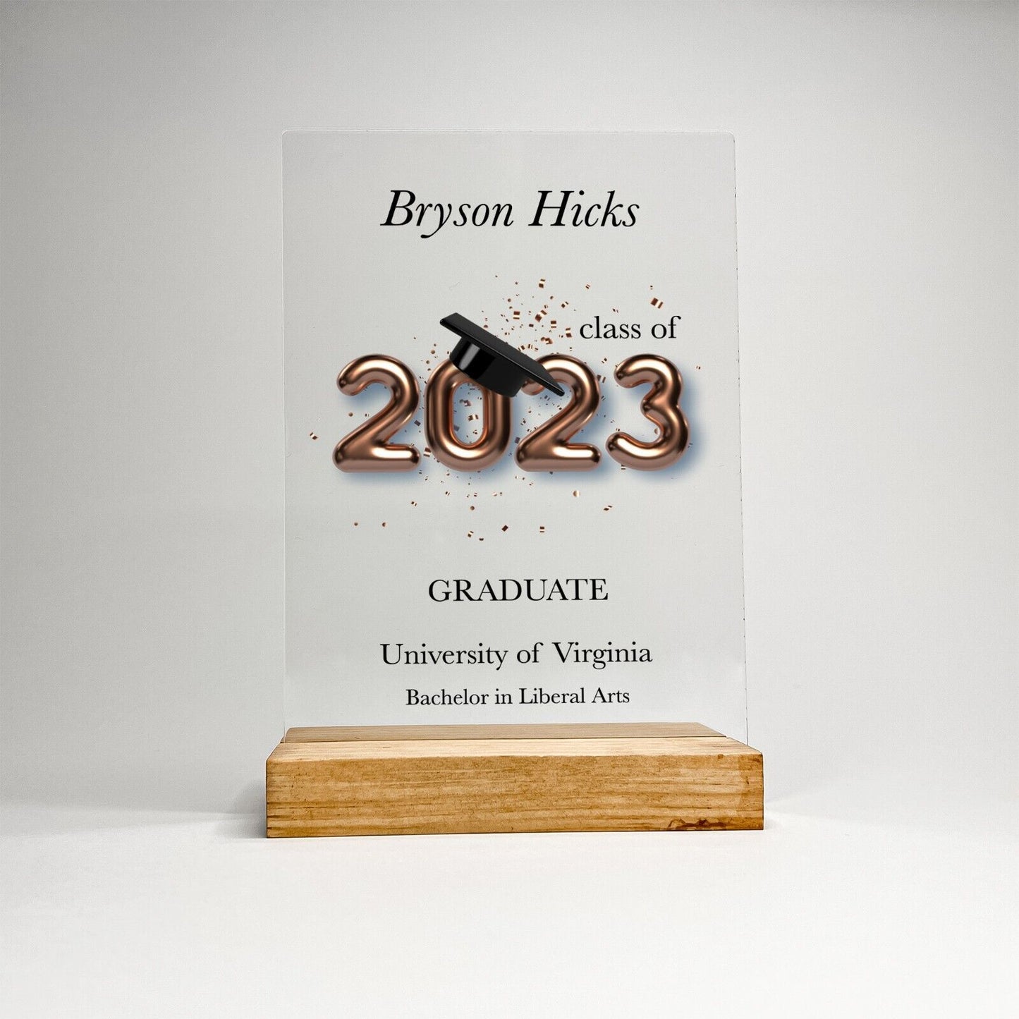 Personalized Wood Base Desk Table Stand Graduation University 2023 2024 Gift