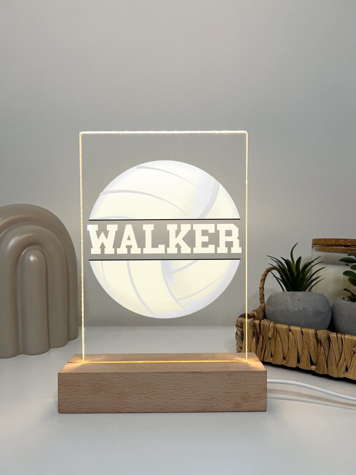 Personalized LED Light Up Wood Lamp Stand Sports Volley Baseball Hockey Football