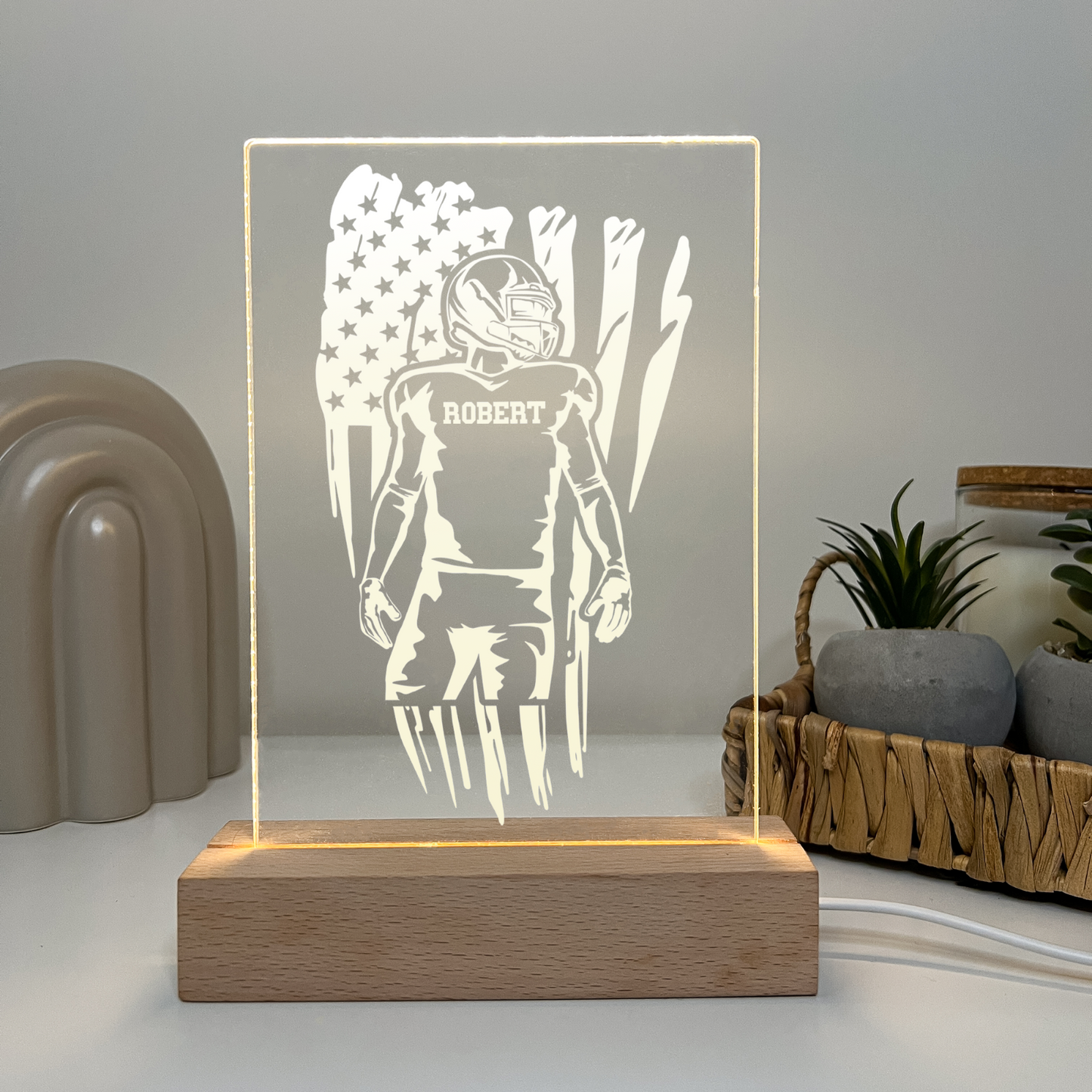 Personalized LED Light Up Desk Lamp Wood Stand USA Football Athlete Warner Gift