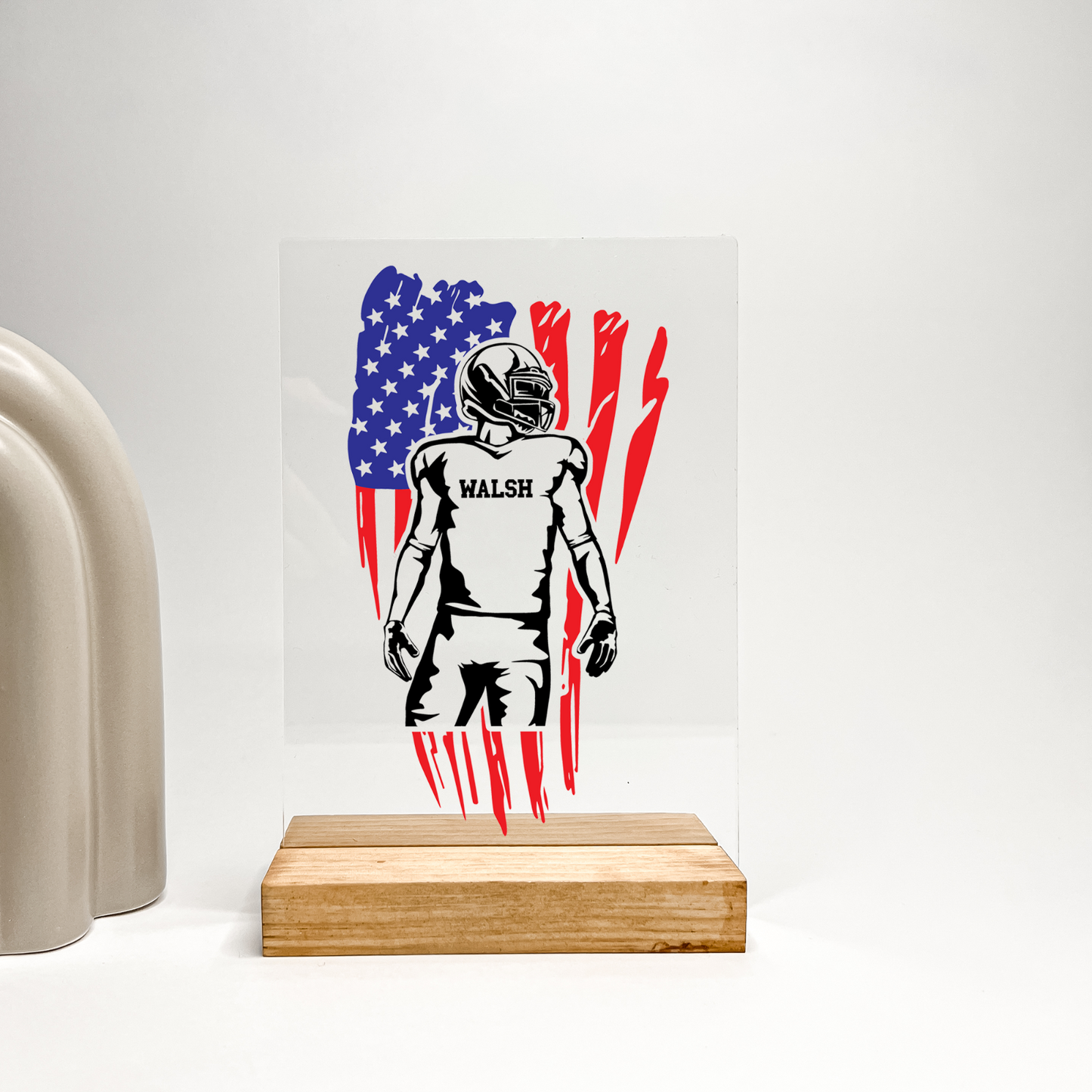 Personalized Custom Engraved Desk Wood Stand USA Football Athlete Warner Gift