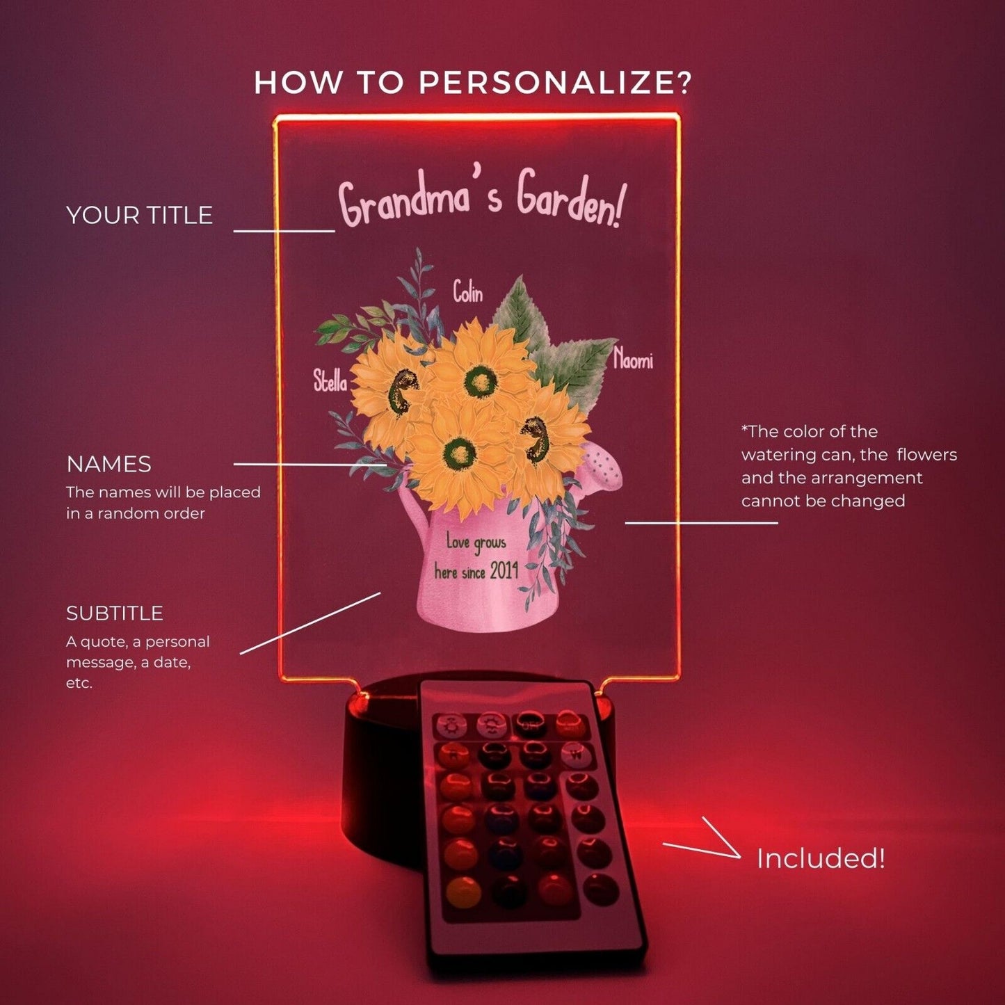 Personalized LED 16 Colors Light Up Flower Jar Grandma Garden Desk Stand