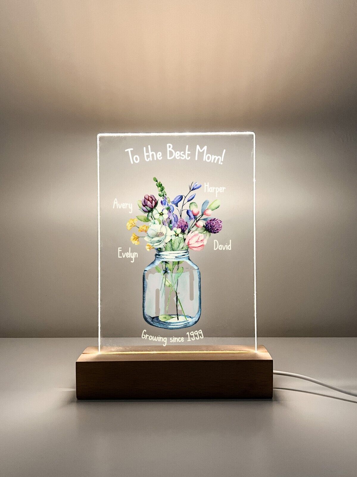 Personalized LED Light Up Flower Jar Stand Mom Mother Day Children Home Gift