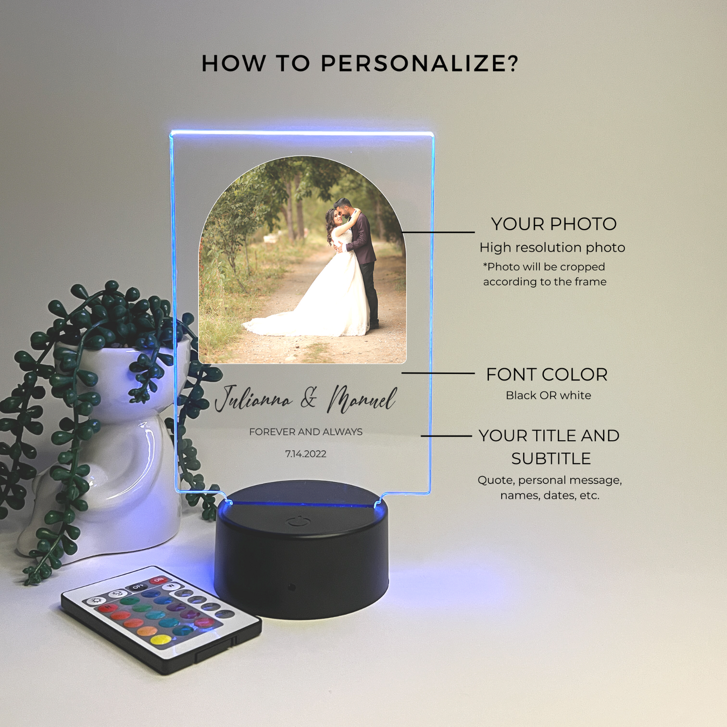 Personalized Arch Style Photo LED 16 Colors Night Light Up Lamp With Black Base