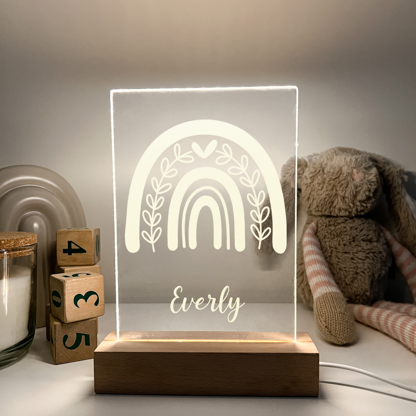 Personalized LED Light Up Desk Lamp Wood Base Stand Girls rainbow Gift For Her