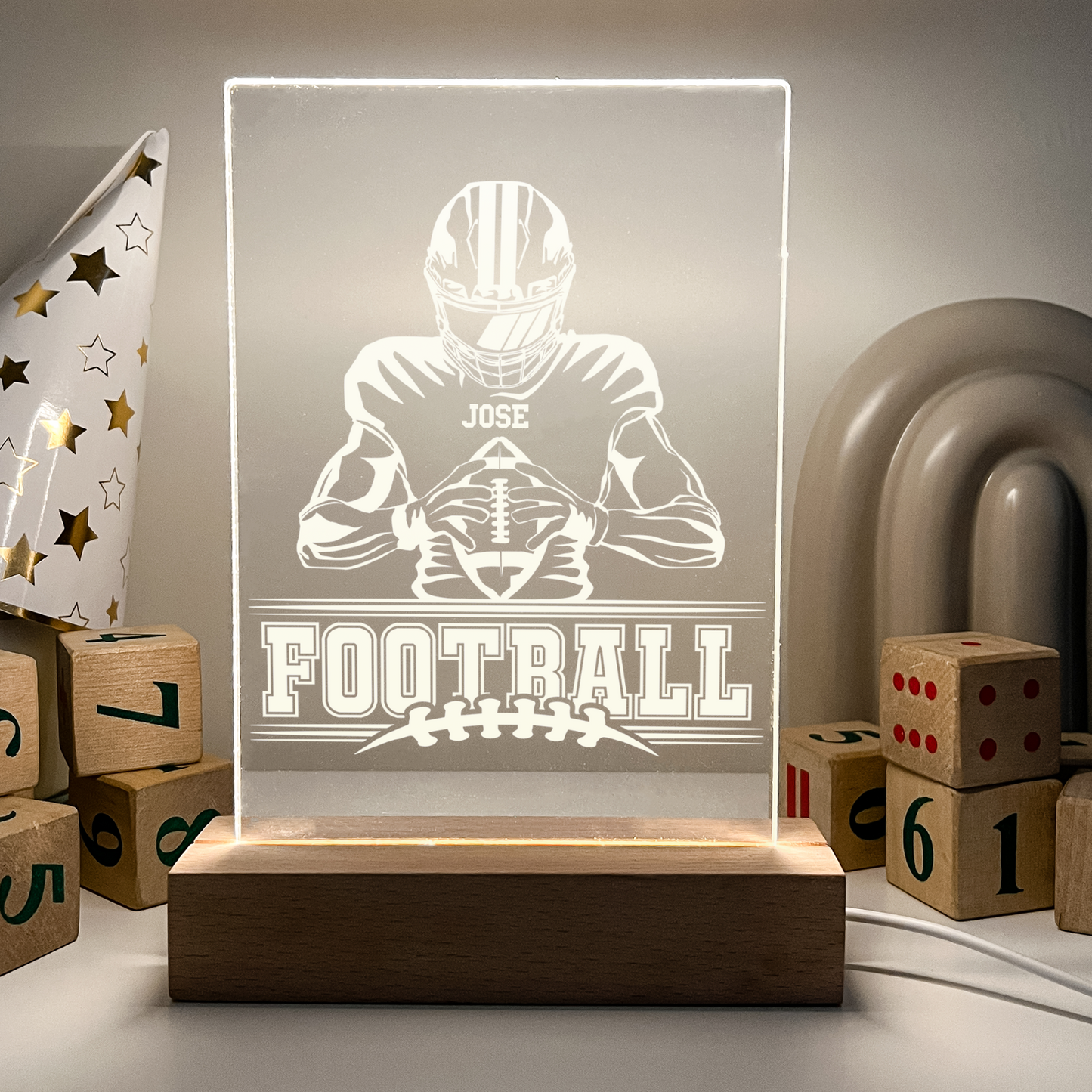 Personalized LED Light Up Desk Lamp Wooden Stand Football Athlete Warner Gift
