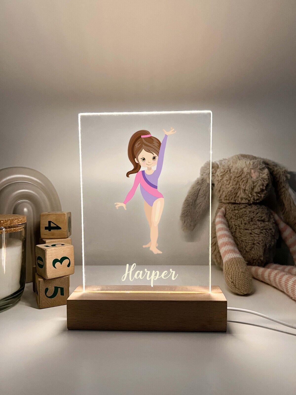 Personalized LED Light Up Desk Lamp Wood Base Stand Girls Gymnast Sports Gift