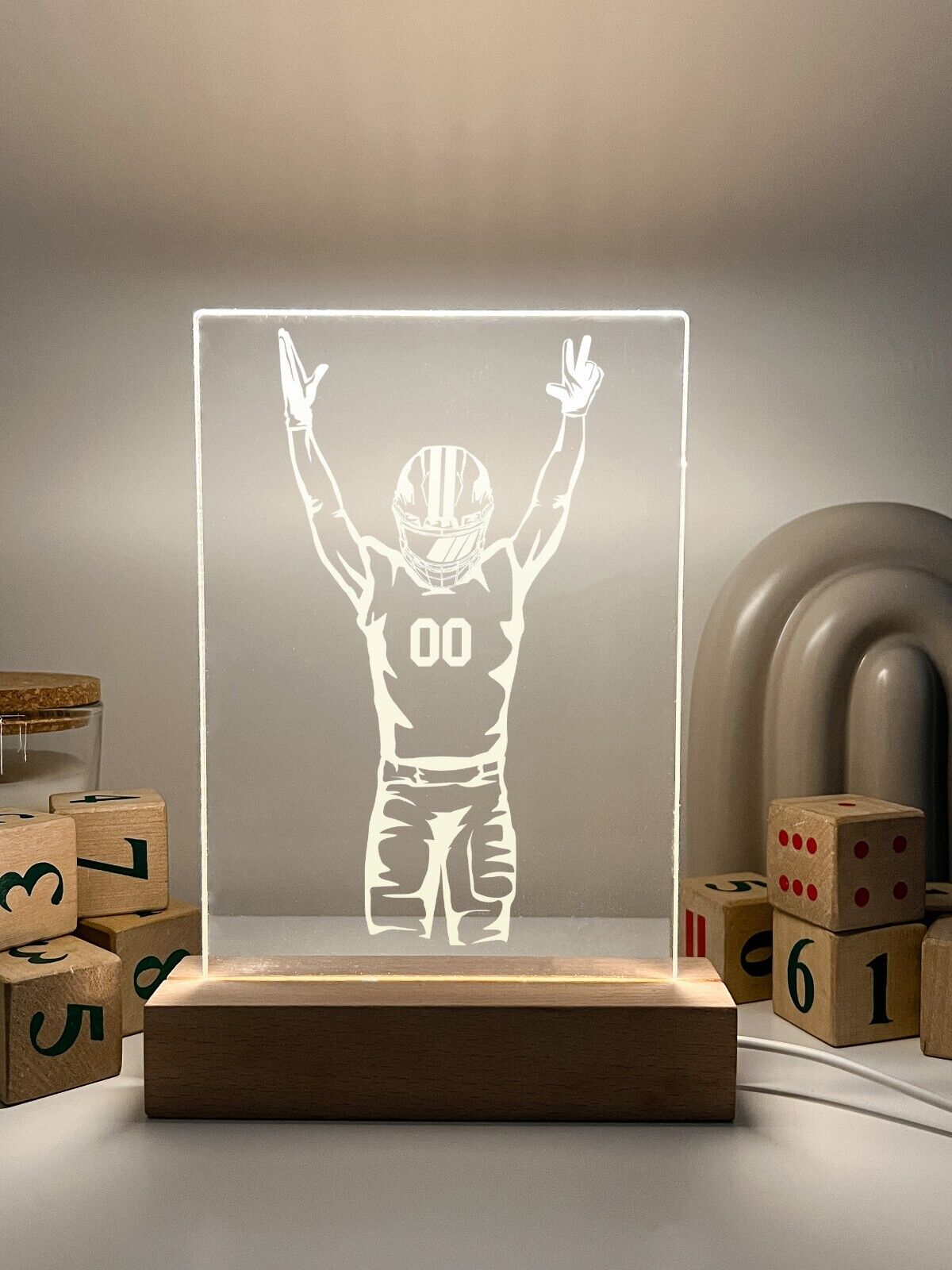 Personalized LED Light Up Desk Lamp Wood Stand USA Football Athlete Warner Gift