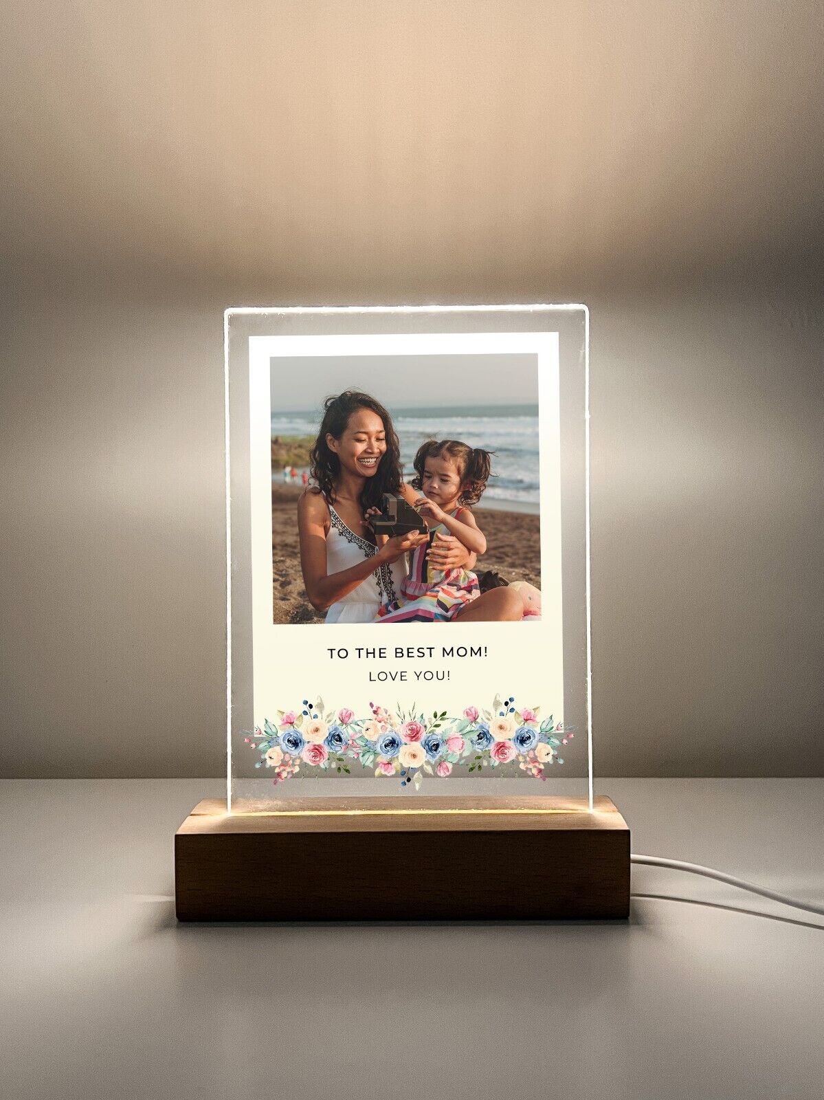 Personalized LED Wood Base Night Light Up Lamp Stand Mom Mother Stepmom Birthday