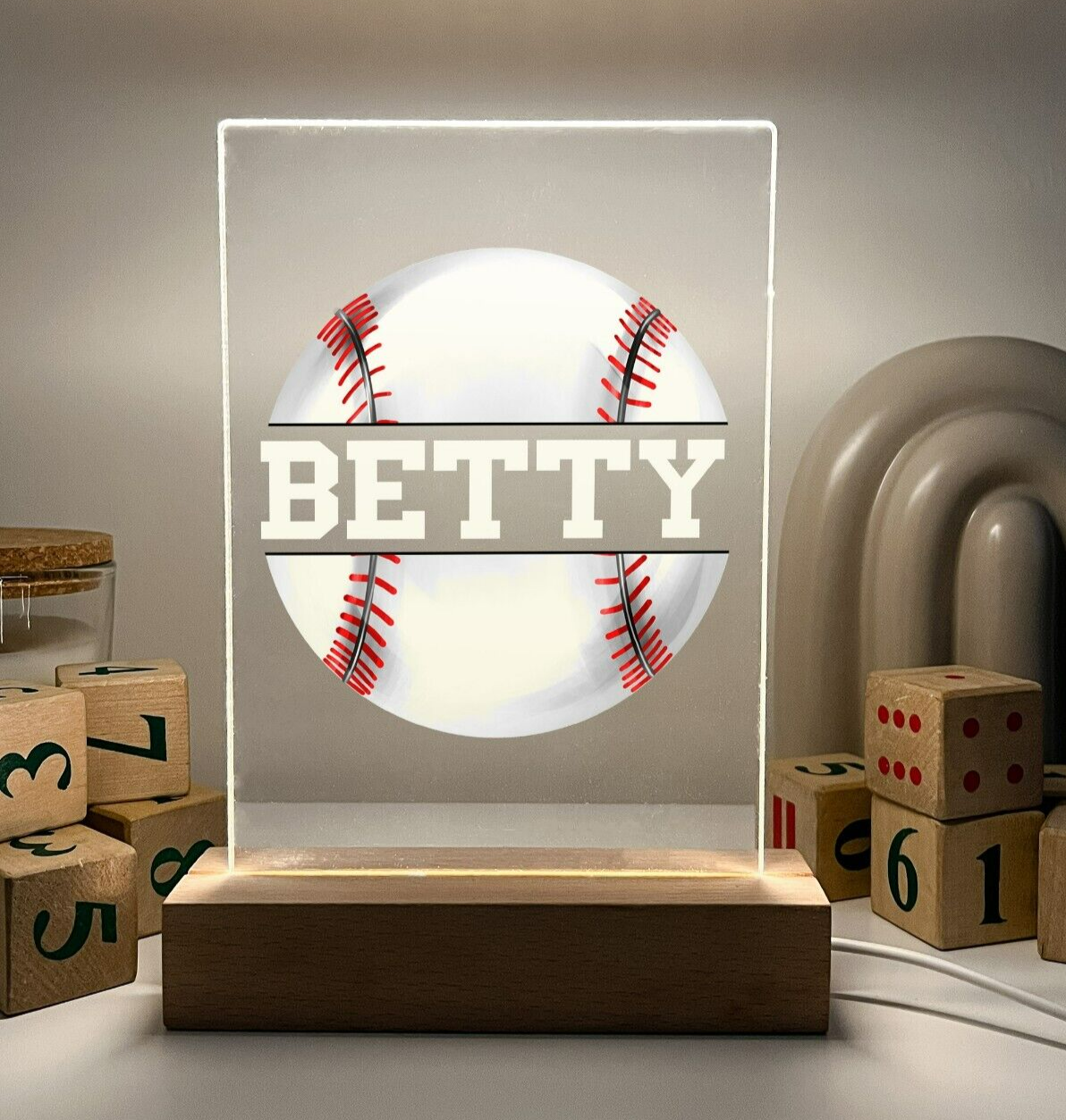 Personalized Name LED Light Up Wood Lamp Stand Sports Baseball Team Player Fan