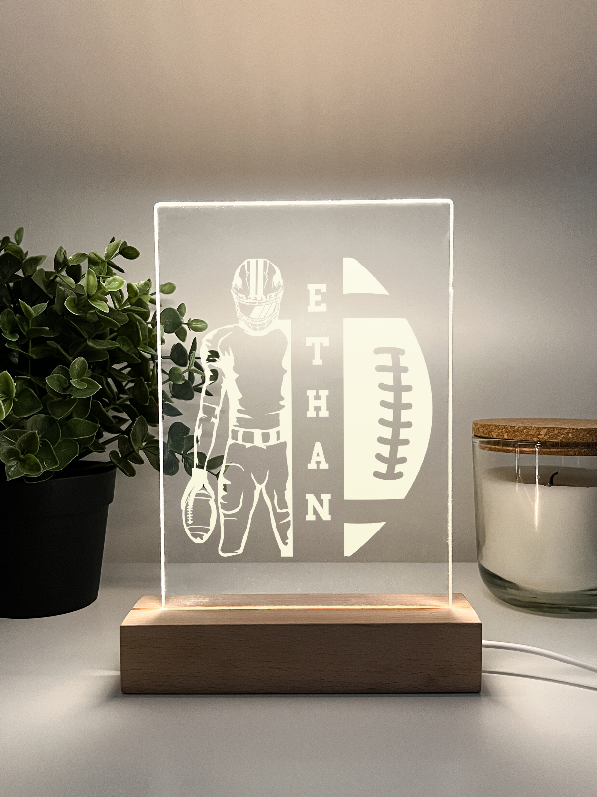 Personalized LED Light Up Desk Lamp Wood Stand USA Football Athlete Warner Gift