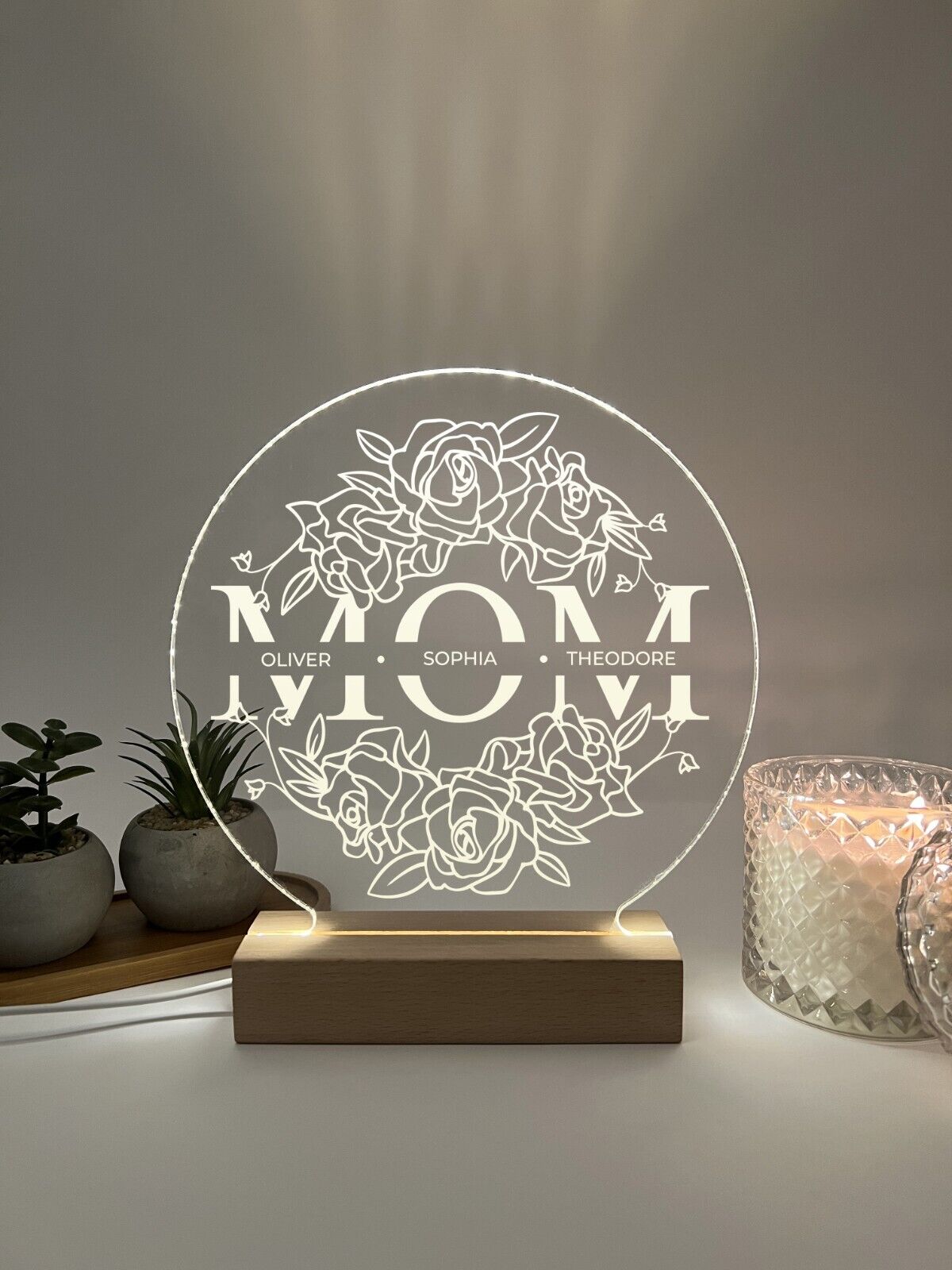 Personalized LED Wood Base Night Light Up Lamp Stand Mom Mother Stepmom Birthday