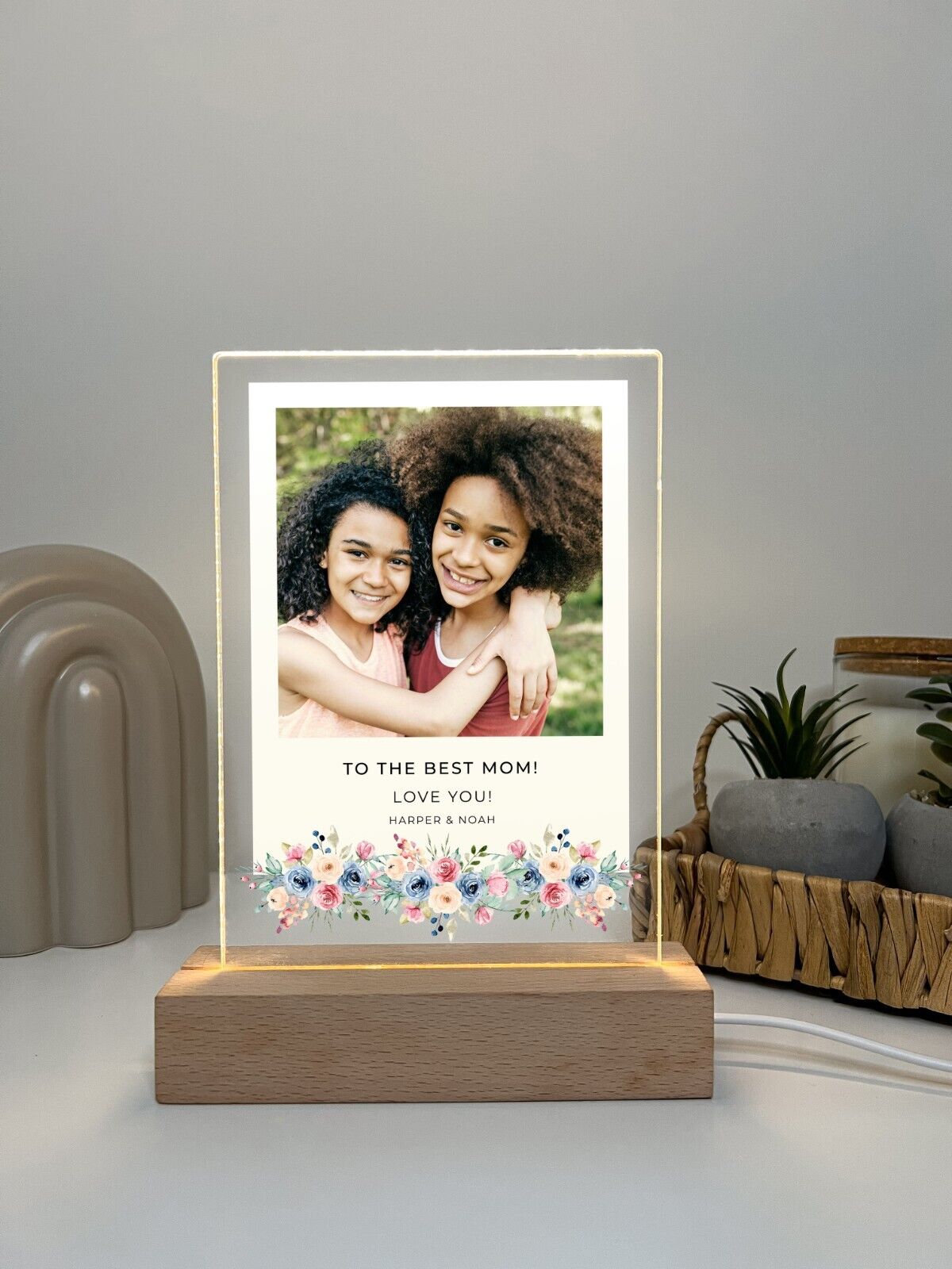 Personalized LED Wood Base Night Light Up Lamp Stand Mom Mother Stepmom Birthday