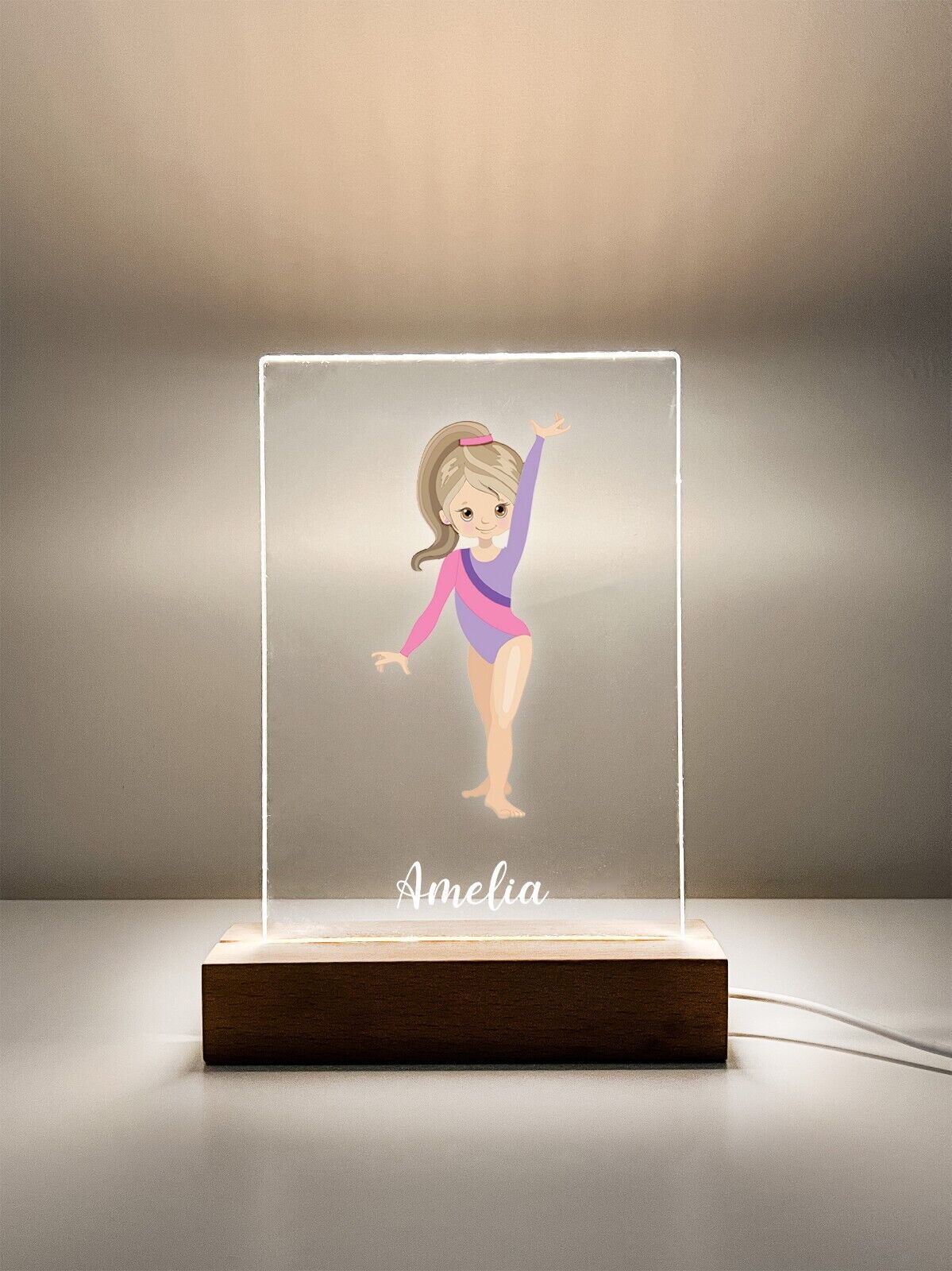 Personalized LED Light Up Desk Lamp Wood Base Stand Girls Gymnast Sports Gift