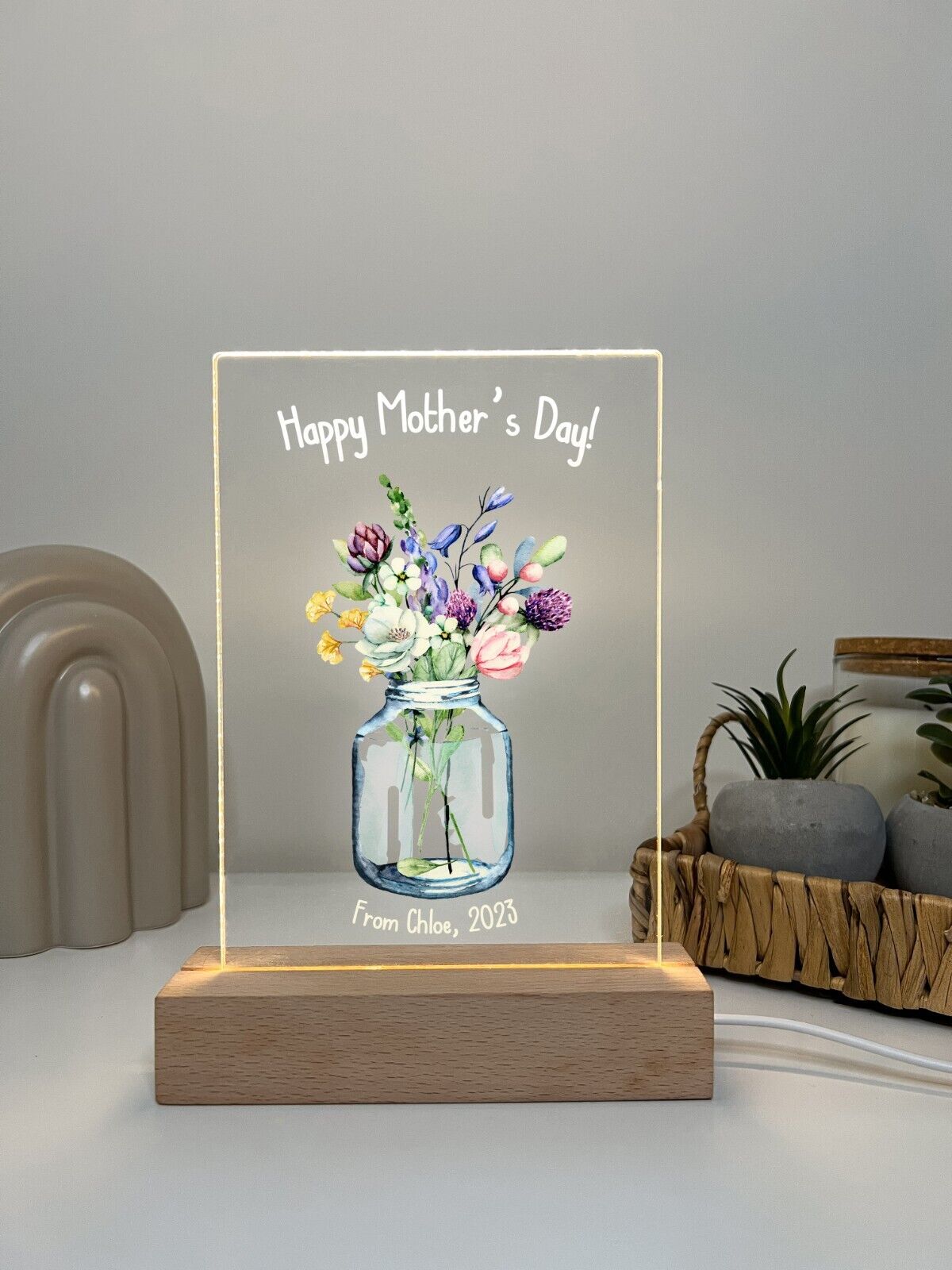 Personalized LED Light Up Flower Jar Stand Mom Mother Day Children Home Gift