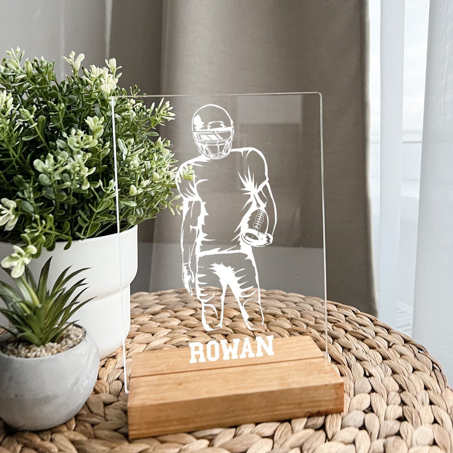 Personalized Engraved Custom Desk Wooden Stand Football Athlete Warner Gift