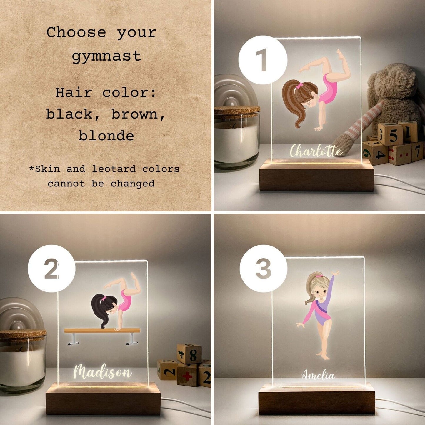 Personalized LED Light Up Desk Lamp Wood Base Stand Girls Gymnast Sports Gift