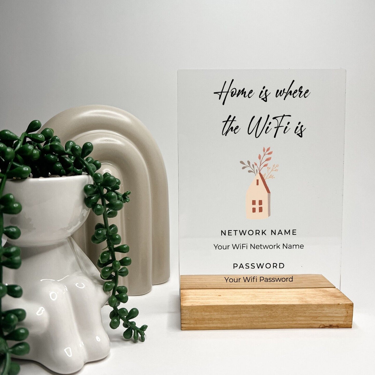 Personalized Wood Base Desk Table Stand Wifi Password & Network Acrylic Home