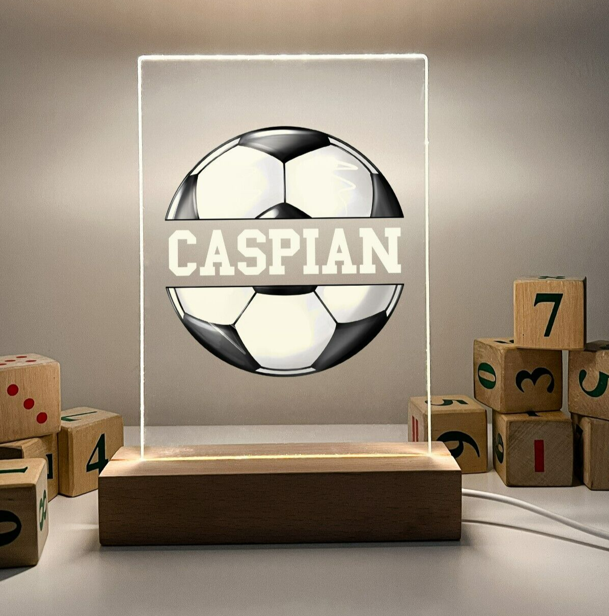 Personalized Name Wood Base Soccerball Night Light Up LED Sports Soccer Ball Fan