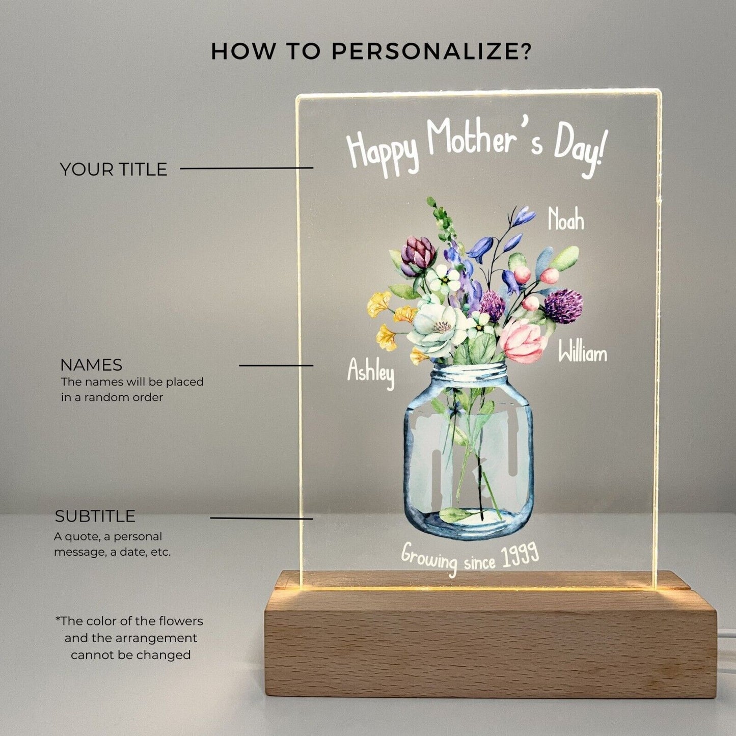 Personalized LED Light Up Flower Jar Stand Mom Mother Day Children Home Gift