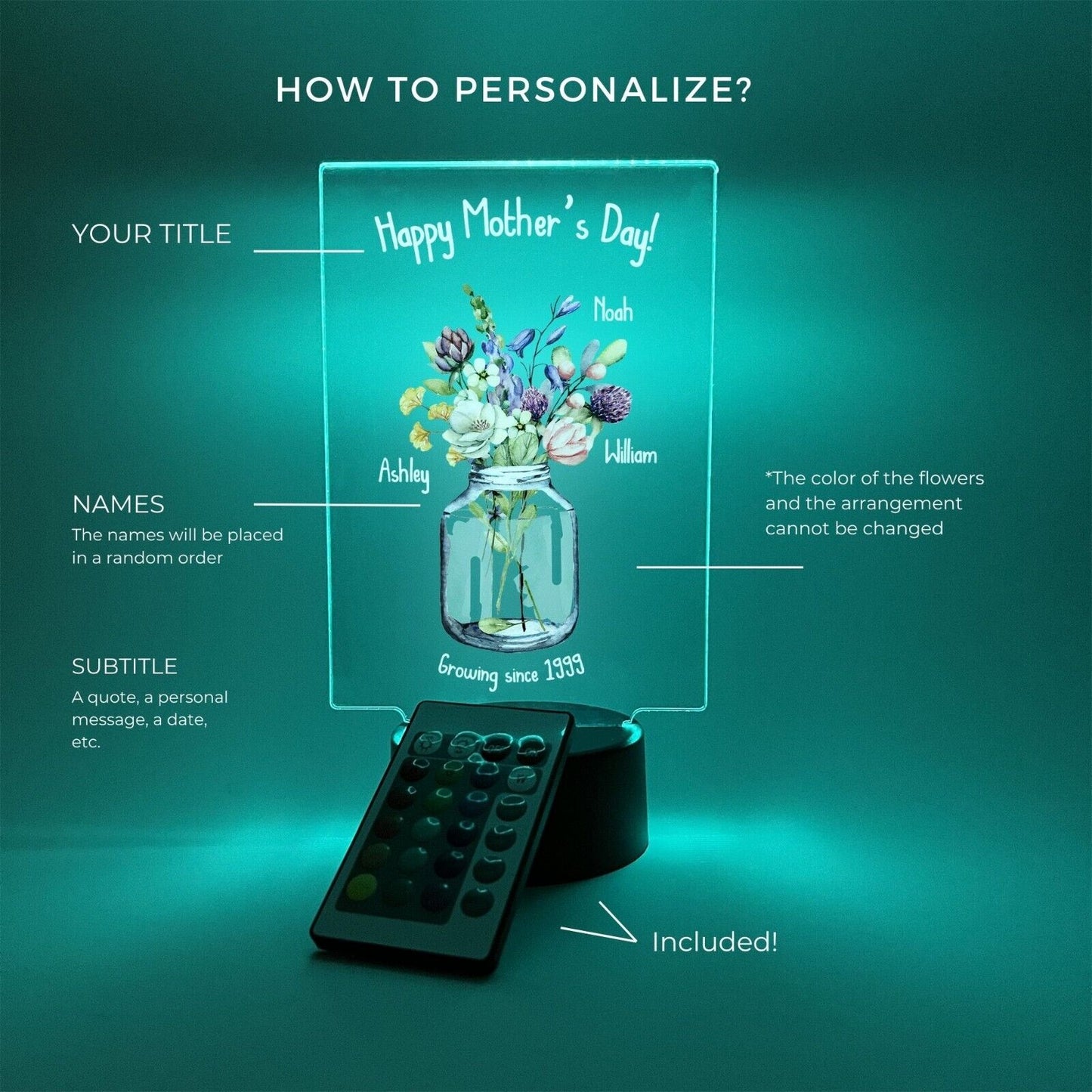 Personalized LED 16 Colors Light Up Flower Jar Mom Mother Day Desk Stand